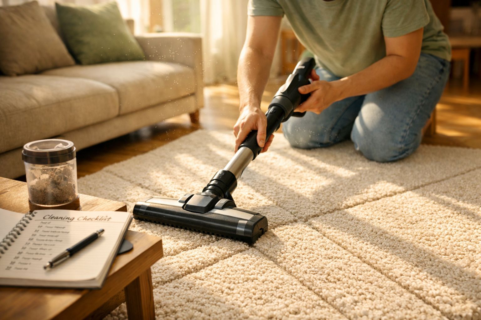 Pessoa aspirando um tapete claro numa sala com sofá, próximo a uma lista de limpeza sobre uma mesa.