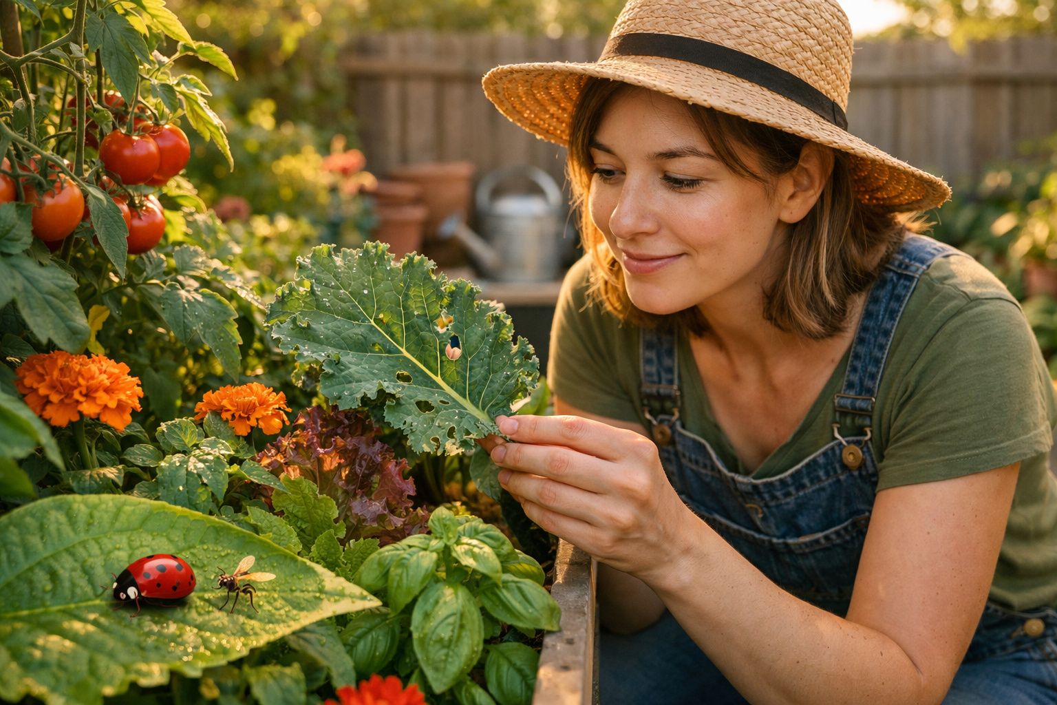 Mulher de chapéu cuidando de plantas num jardim com tomates, flores e insetos visíveis.