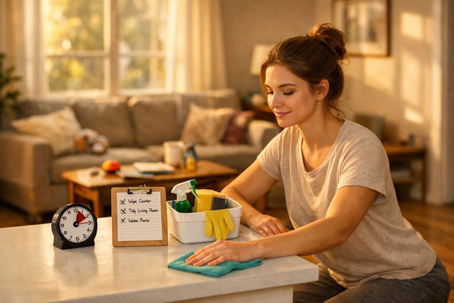 Mulher jovem a limpar uma superfície com pano, ao lado de cronómetro e lista de tarefas numa sala acolhedora.