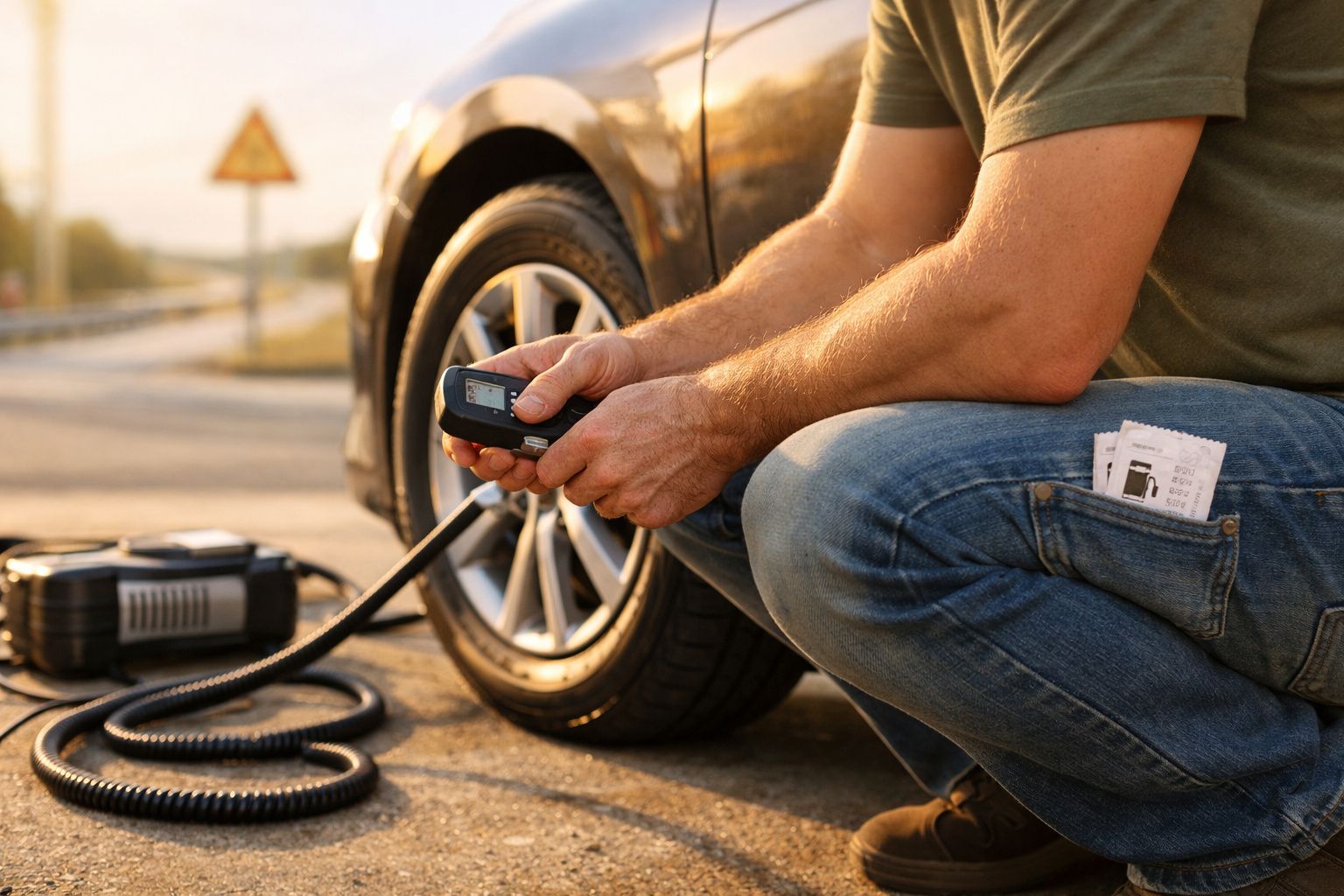 Homem a usar compressor portátil para encher pneu de carro na estrada ao pôr do sol.