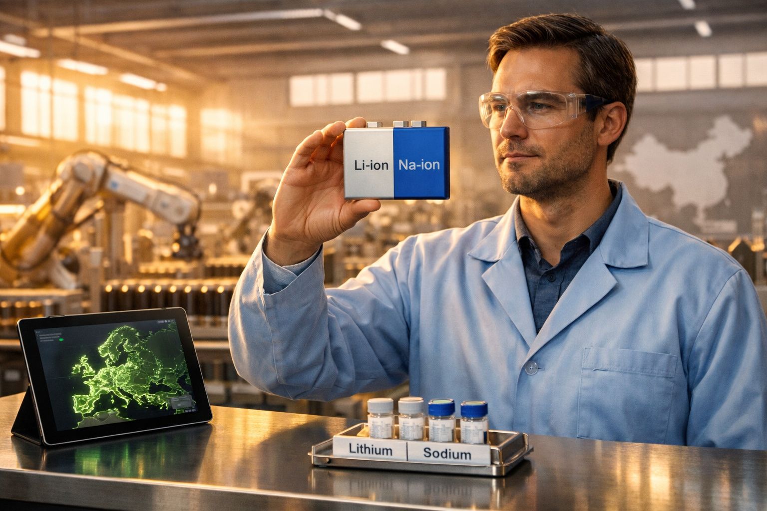 Homem com bata e óculos de proteção segura amostra comparativa de baterias Li-ion e Na-ion em laboratório.