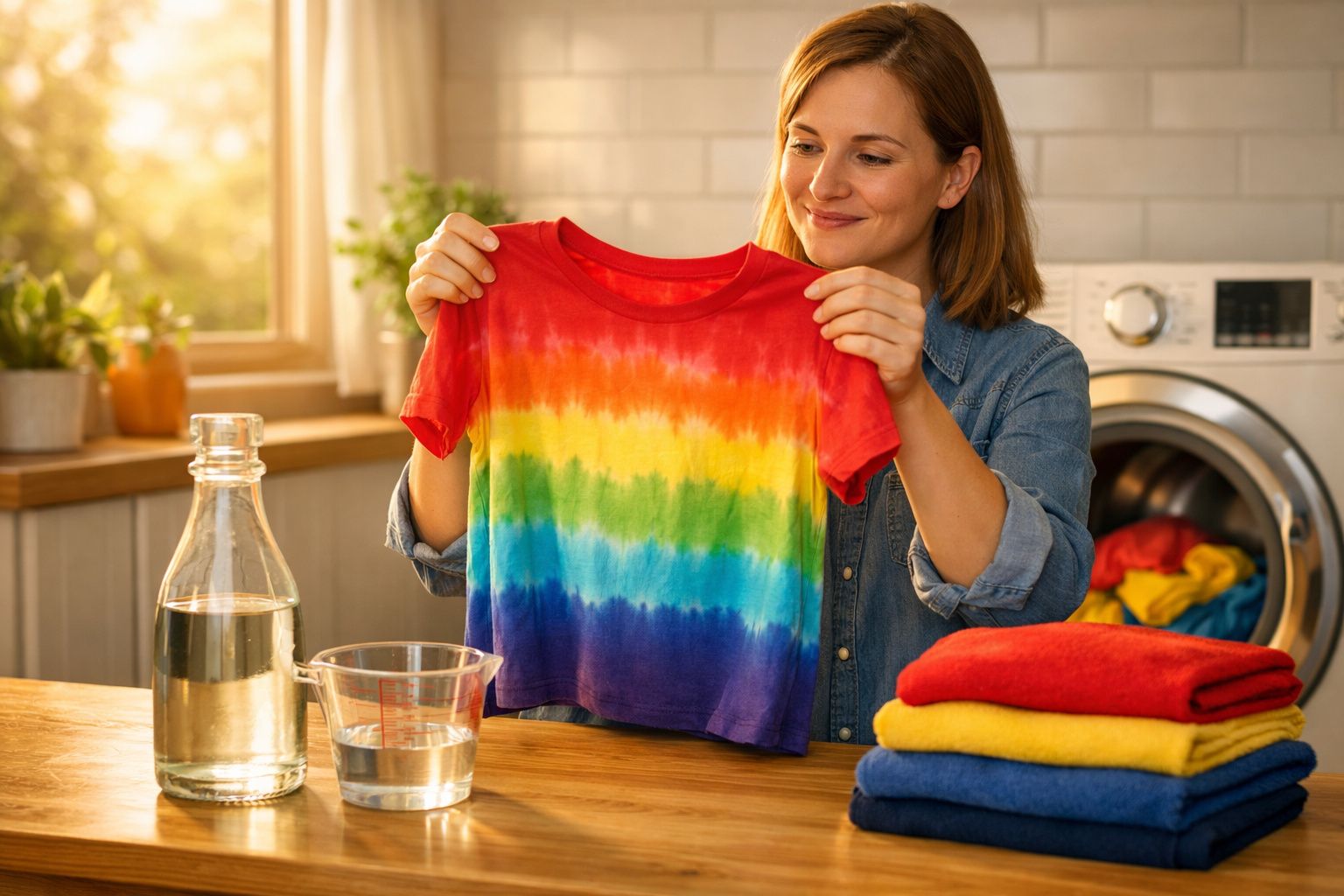Mulher sorridente a segurar uma t-shirt colorida em tie-dye, junto a máquina de lavar e roupa dobrada.