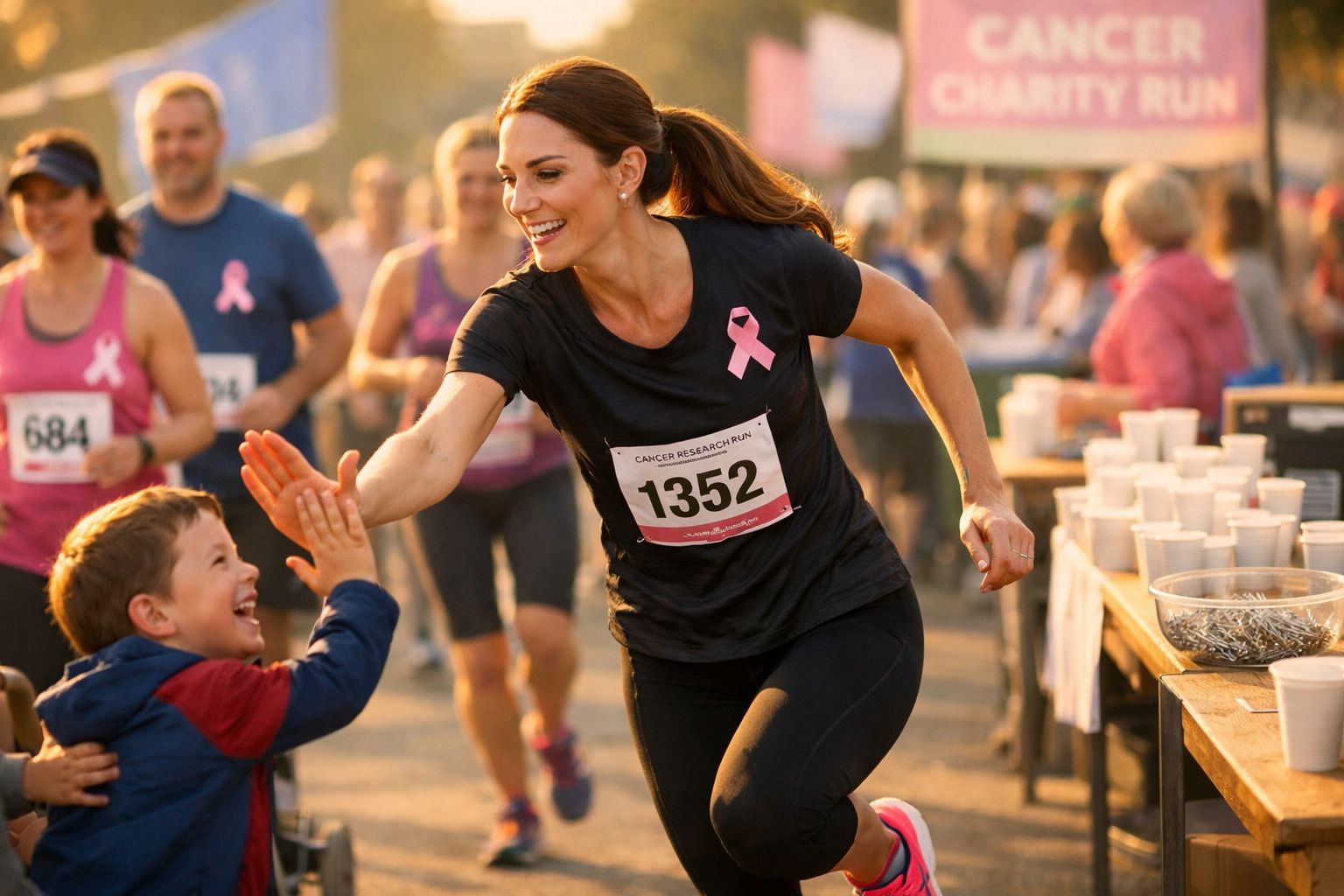 Mulher com fita rosa a correr em evento solidário dá um toque de mão a criança sorridente.