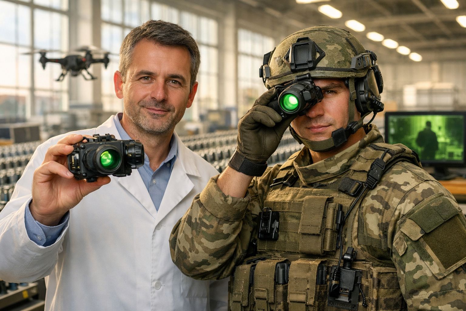 Homem em bata branca e soldado com equipamento militar seguram dispositivo com visão noturna verde.