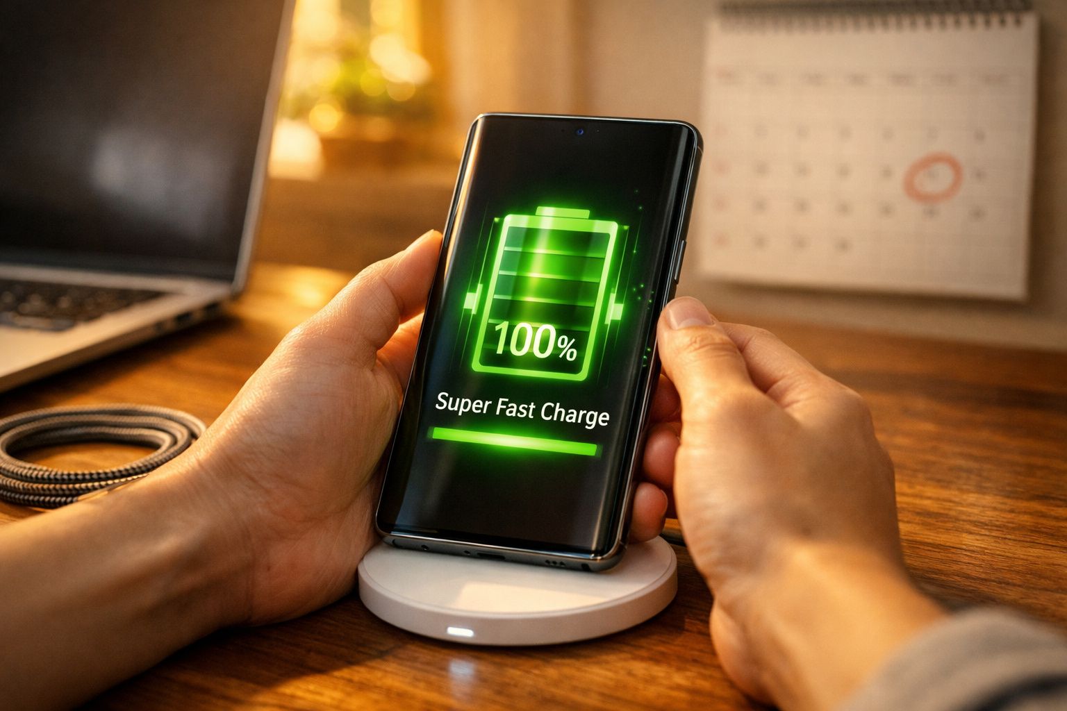 Pessoa a segurar telemóvel com bateria a 100% a carregar rapidamente numa base sem fios sobre secretária.