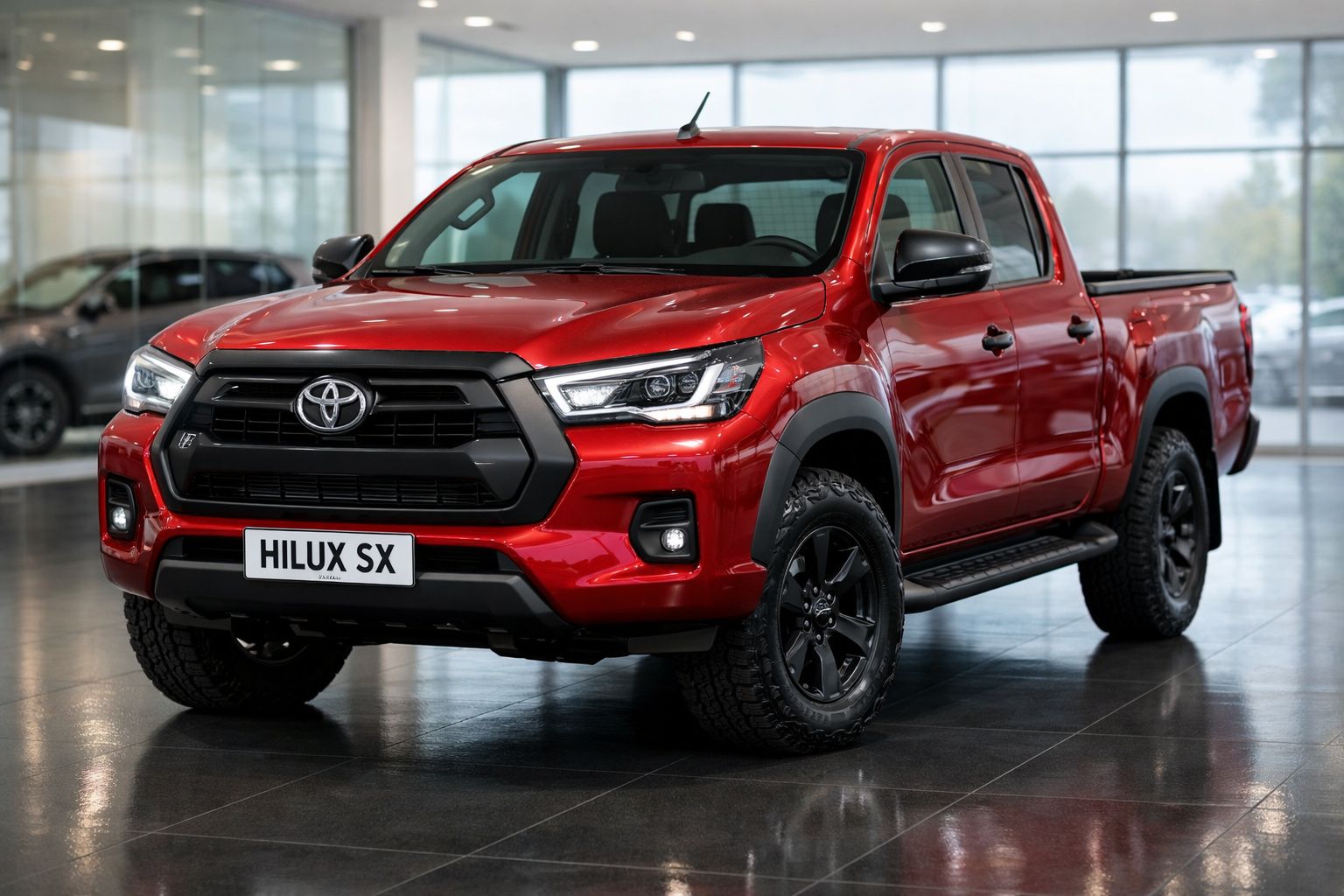Pick-up Toyota Hilux SX vermelha estacionada em pavimento interior espelhado, vista frontal ligeira direita.