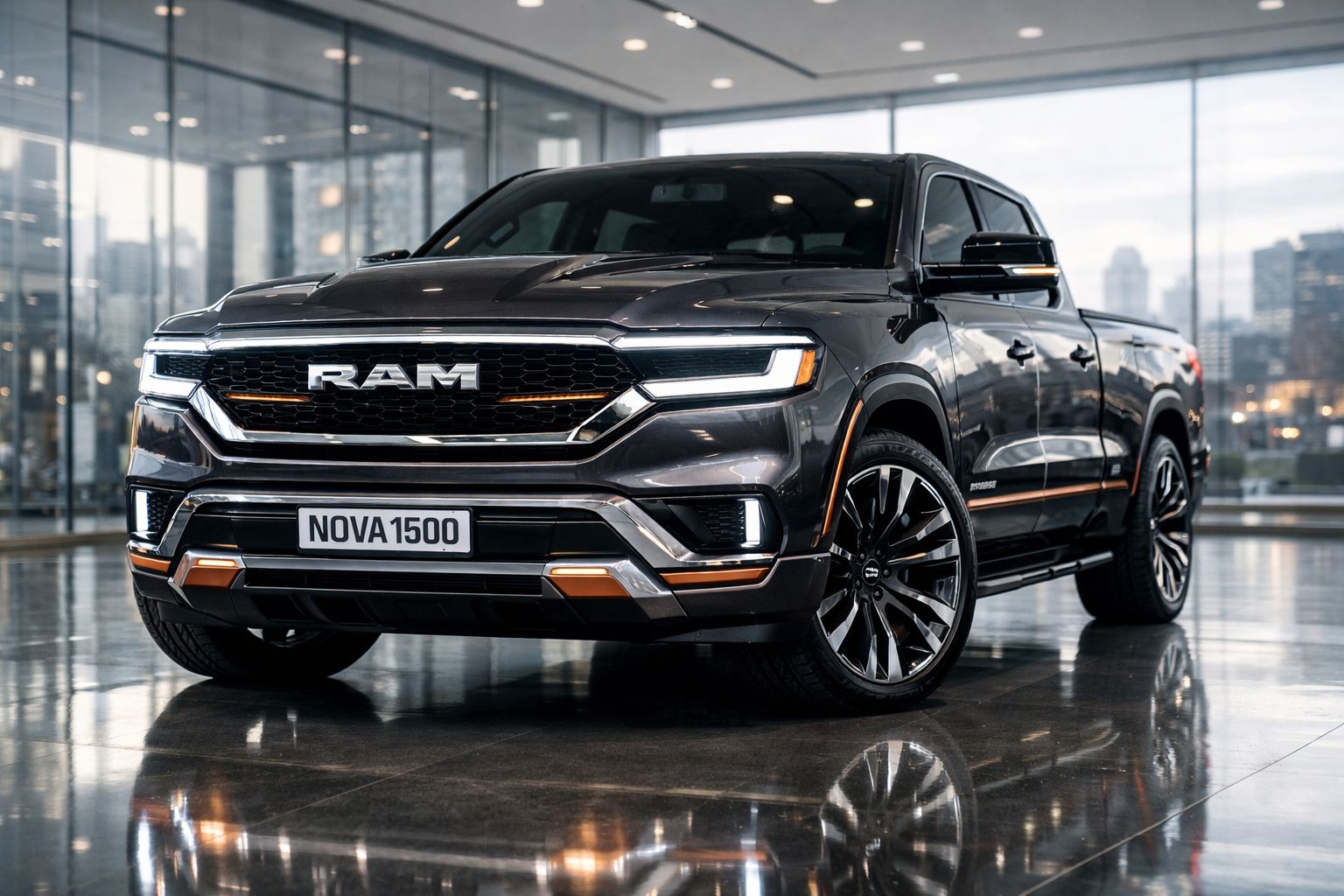 Picape RAM Nova 1500 cinzenta escura em showroom moderno com iluminação natural.