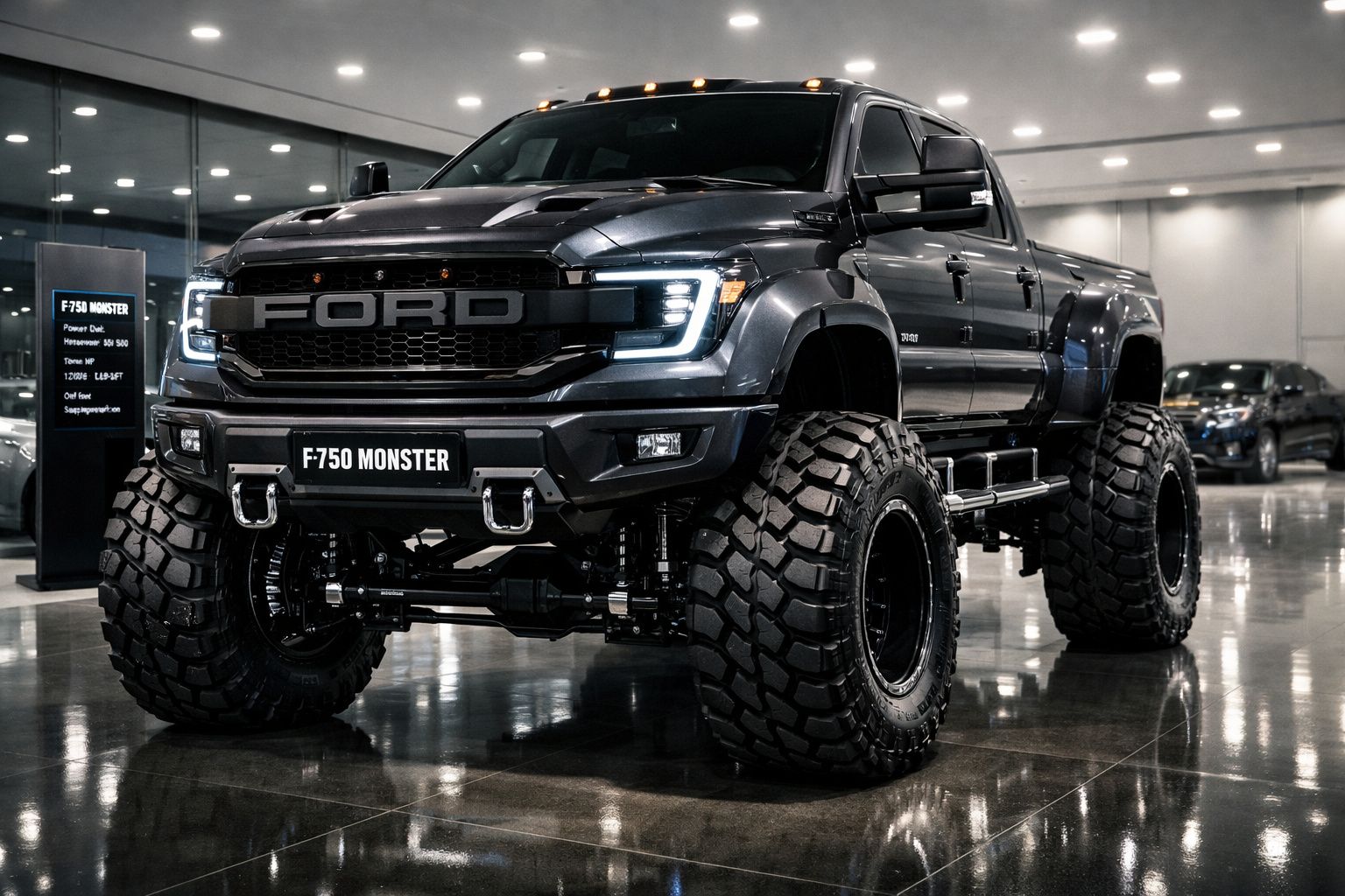 Pick-up Ford F-750 Monster preta com pneus grandes exposta em salão automóvel.