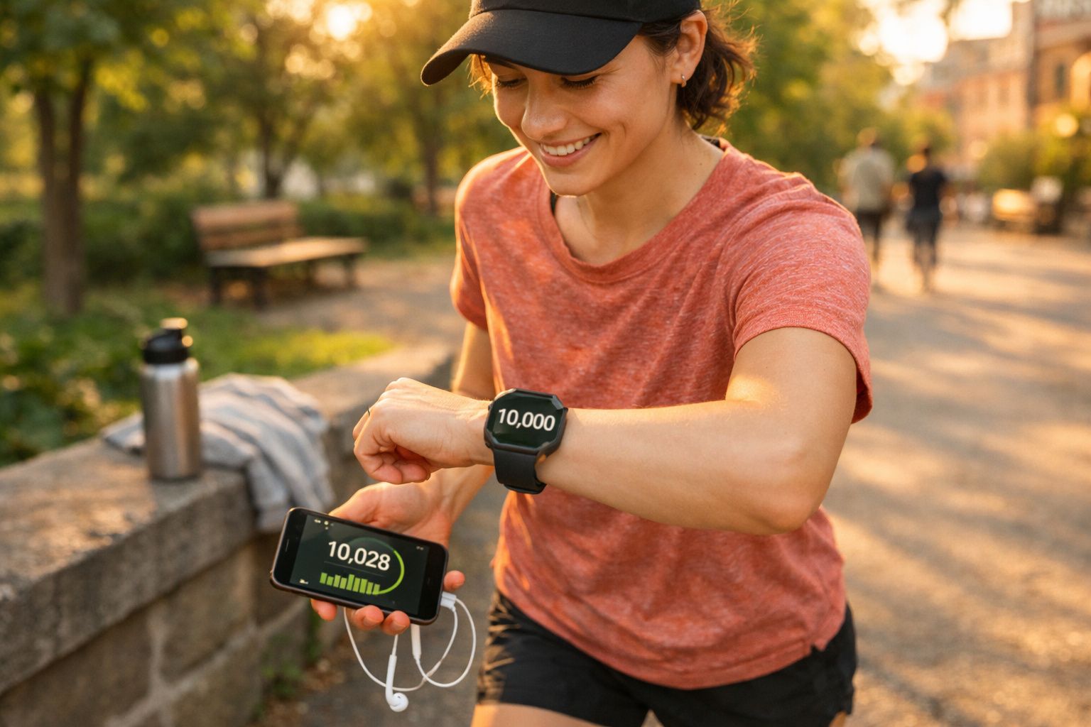 Pessoa sorridente a verificar 10.000 passos num smartwatch e telemóvel durante atividade ao ar livre.