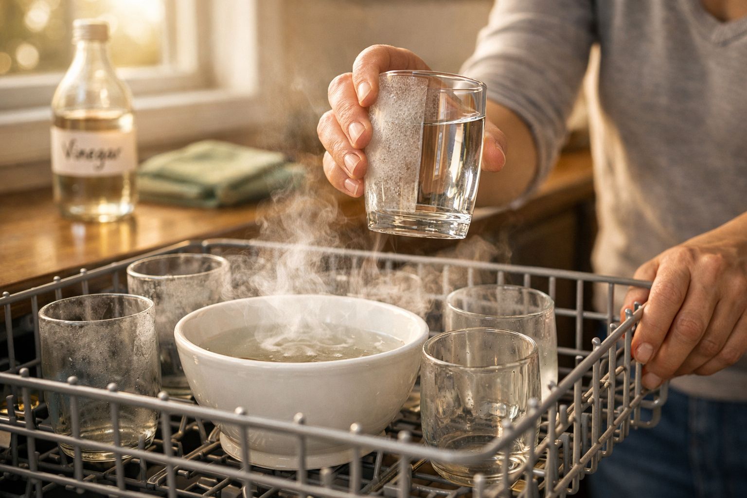 Mãos a retirar copo húmido quente do escorredor com vários copos e uma tigela a vapor.