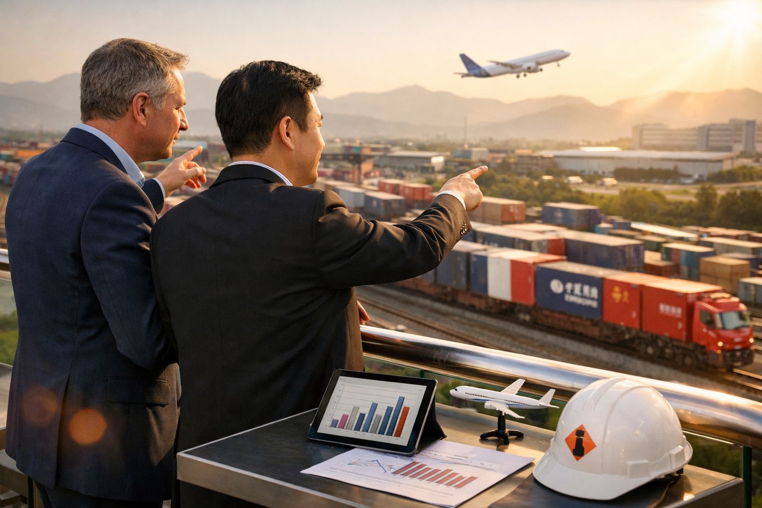 Dois homens de negócios observam um avião a descolar sobre contentores e comboios num porto industrial.