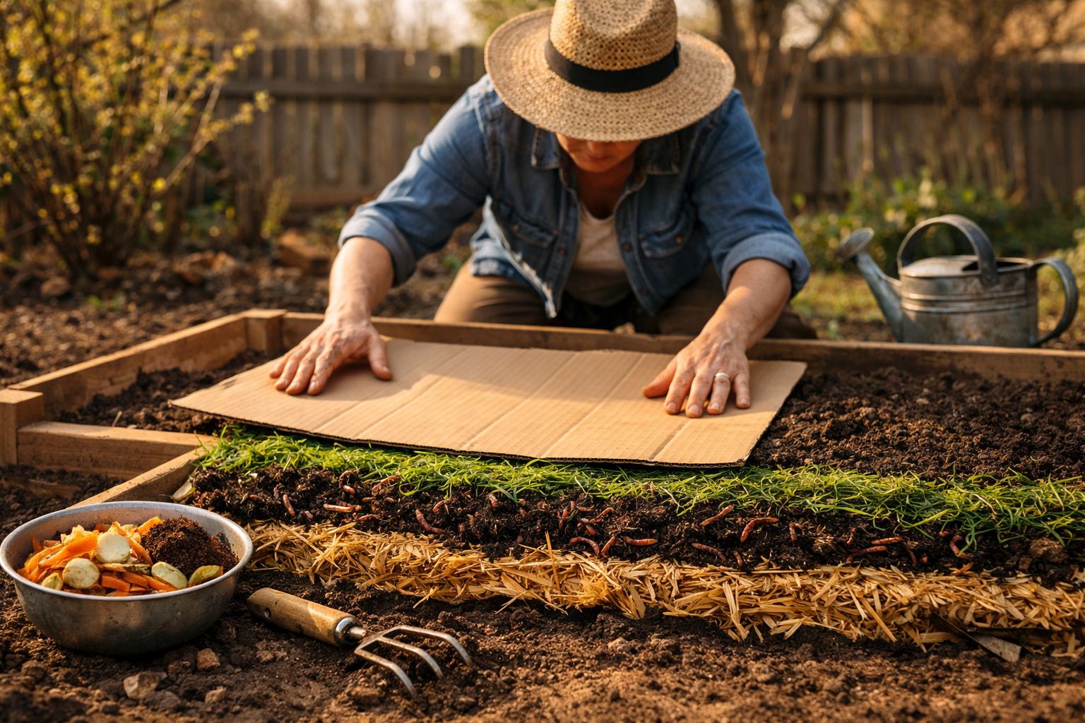 Pessoa a preparar uma horta com camadas de composto orgânico e coberturas naturais, usando cartão.