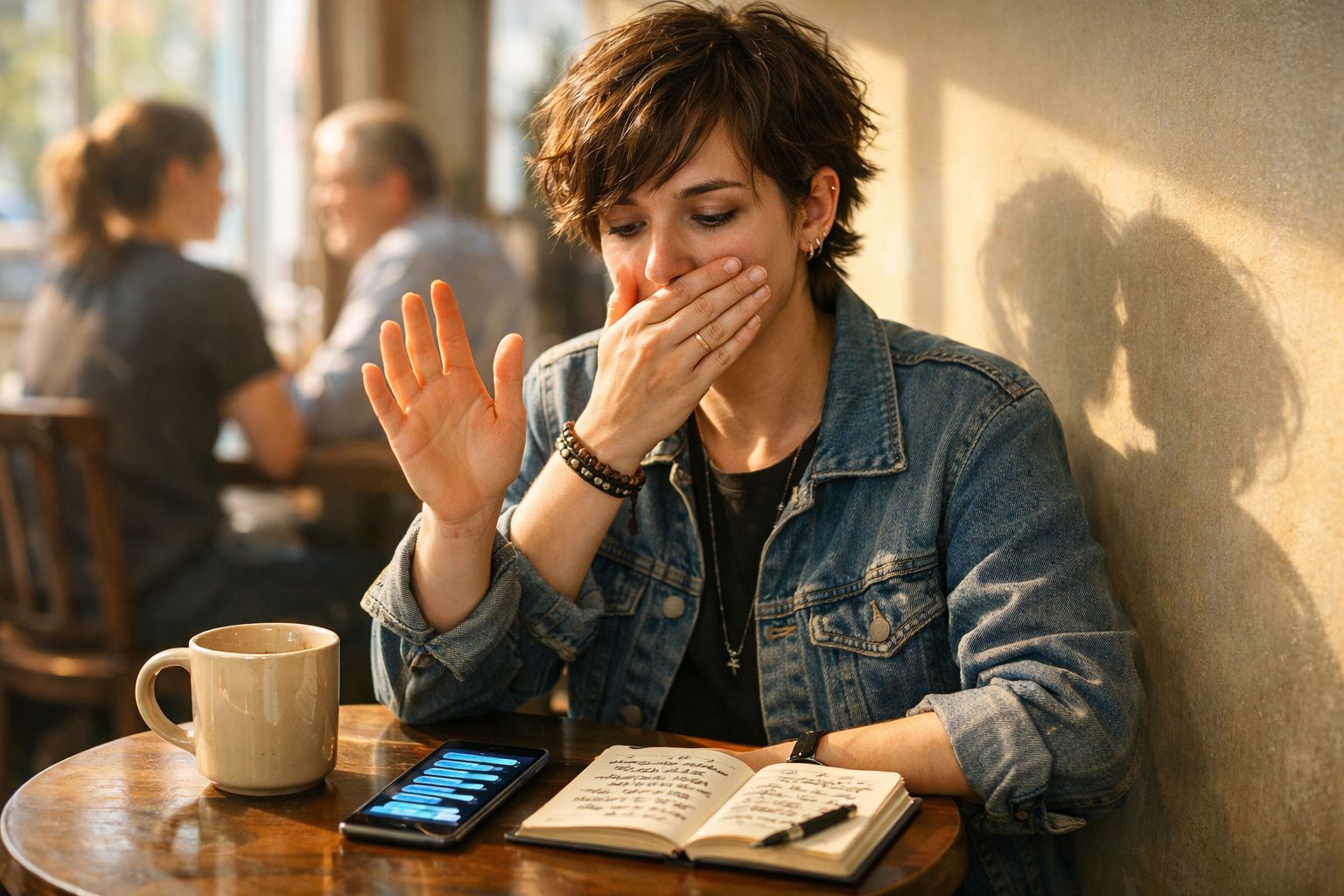 Pessoa surpreendida olhando para o telemóvel numa mesa com caderno aberto e chávena num café iluminado.