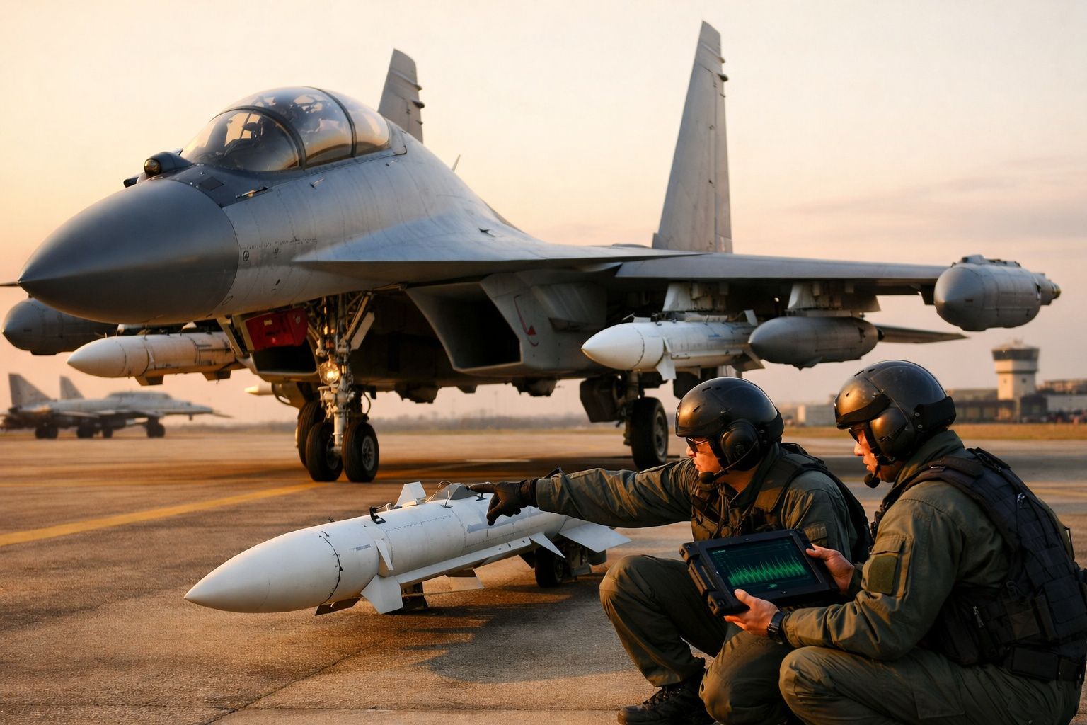 Dois pilotos militares em fato de voo e capacete preparam um míssil à frente de um caça estacionado na base aérea.