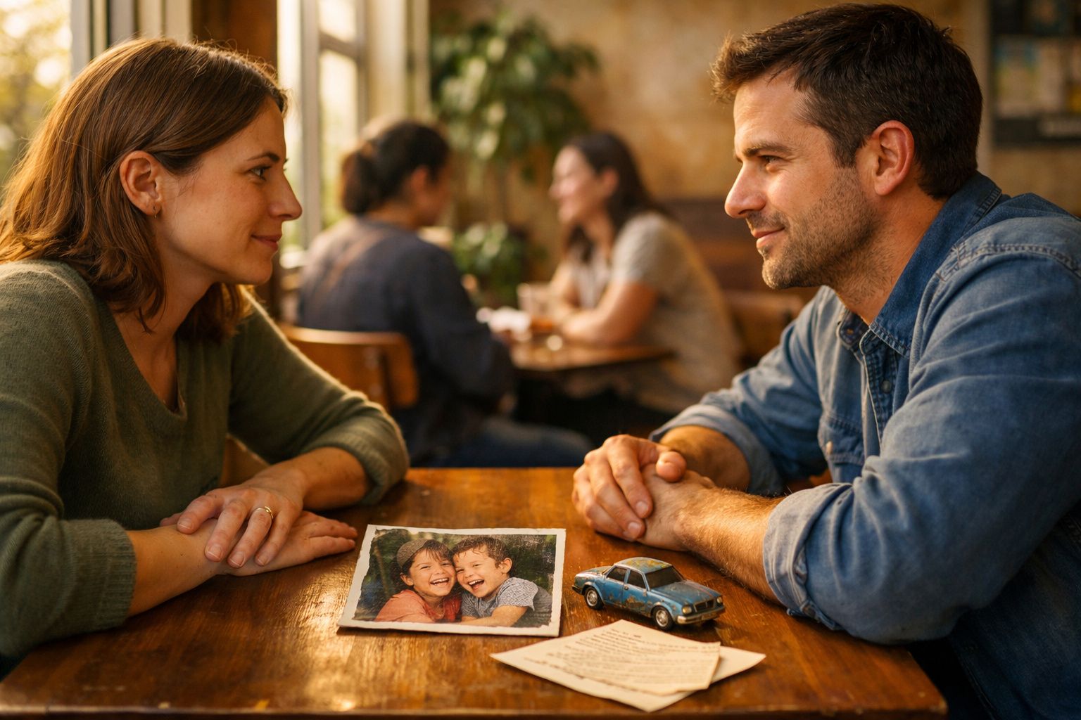 Casal em café a olhar sorrindo para uma fotografia de crianças sobre a mesa, junto com um carro de brinquedo.