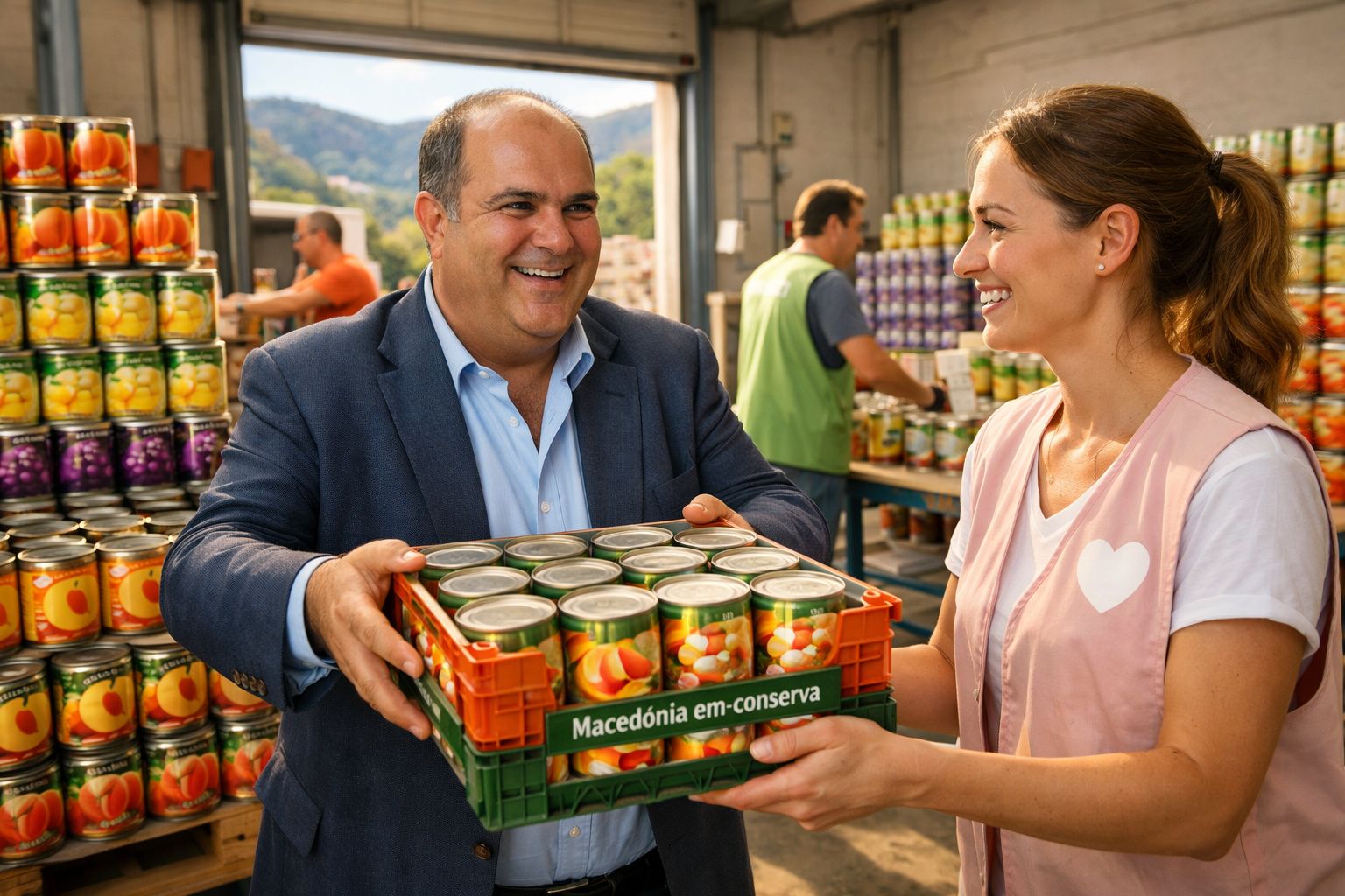 Homem e mulher a sorrir enquanto seguram caixa de latas de macedónia em conserva numa fábrica de conserveira.