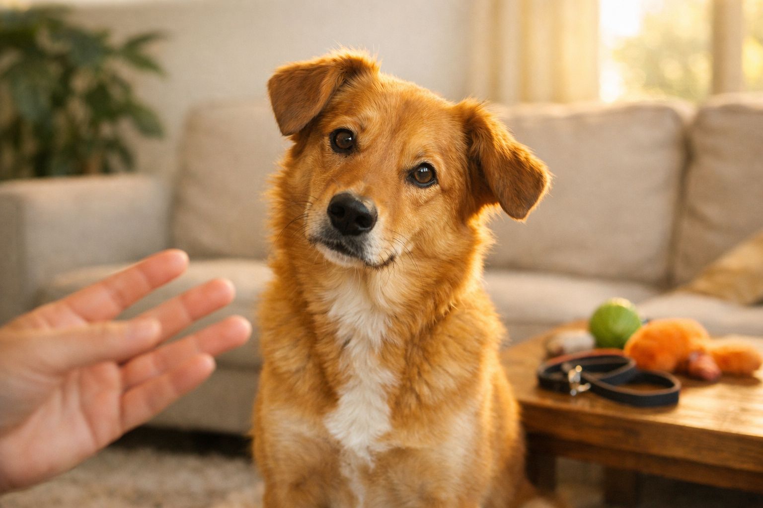 Cão castanho com peito branco atento a uma mão estendida numa sala com sofá e brinquedos ao fundo.