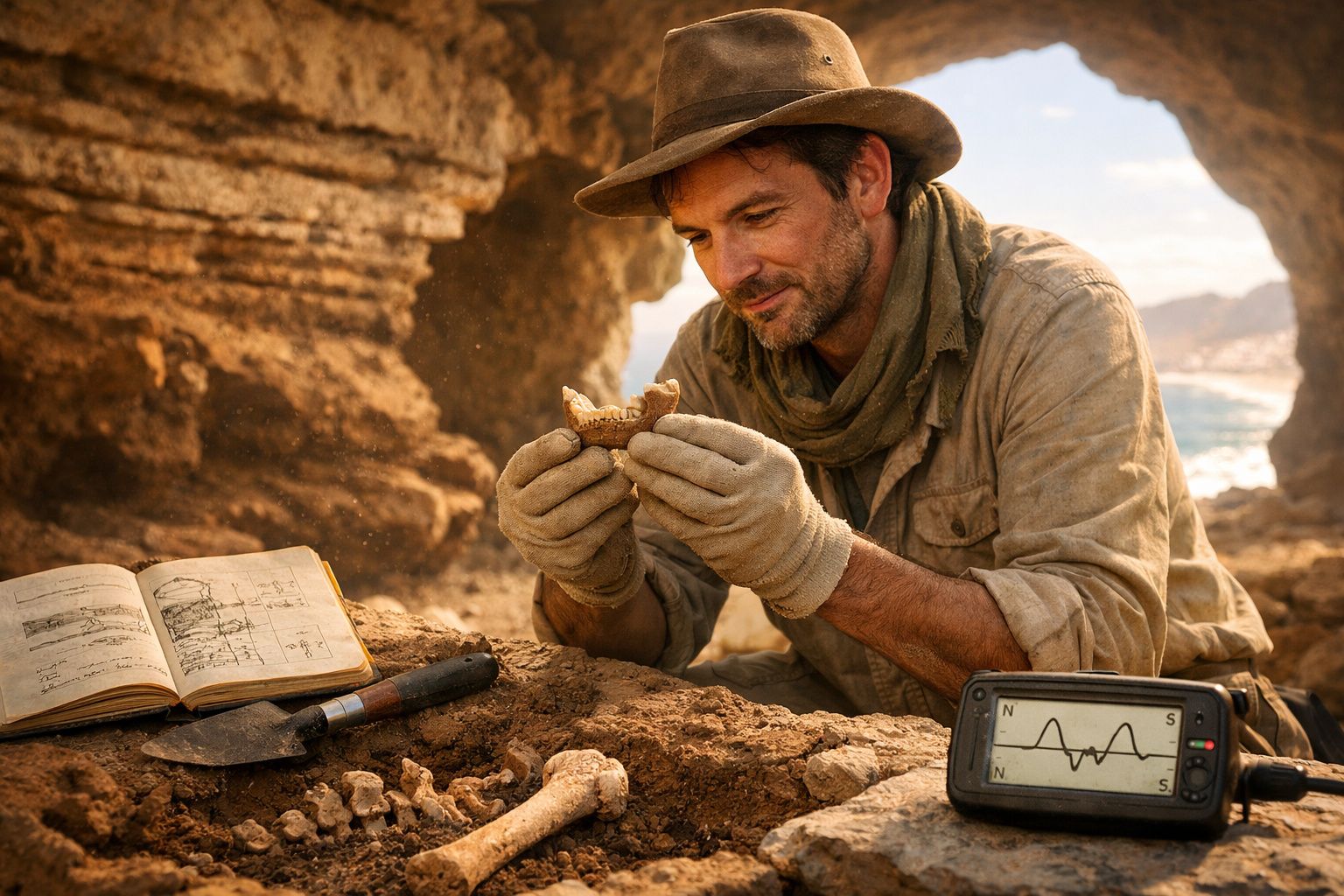 Explorador arqueólogo a examinar um fóssil na escavação, com caderno, pá e equipamento de análise.