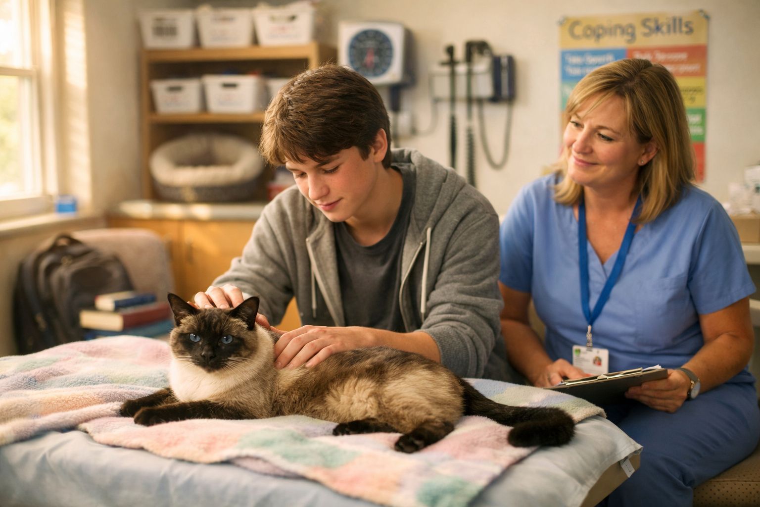 Jovem acaricia gato siamês numa mesa enquanto técnica de veterinária observa sorrindo com prancheta.
