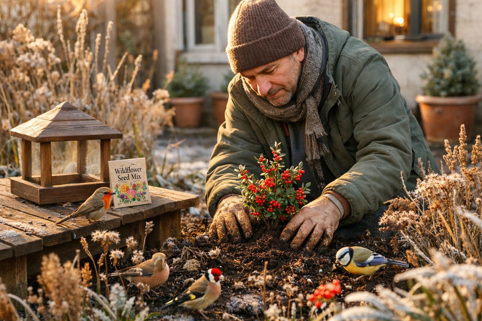 Homem a plantar arbusto com bagas vermelhas num jardim, rodeado por pássaros durante o outono.