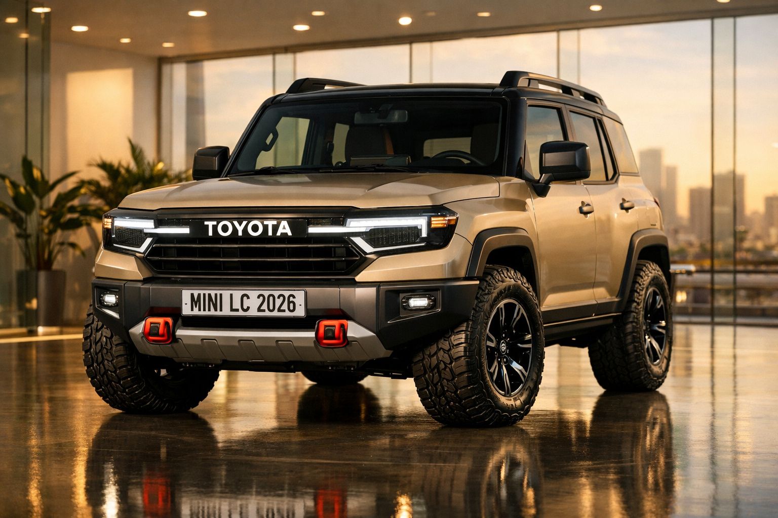 Carro todo-o-terreno Toyota modelo Mini LC 2026, cor bege, em espaço interior moderno com vidro.