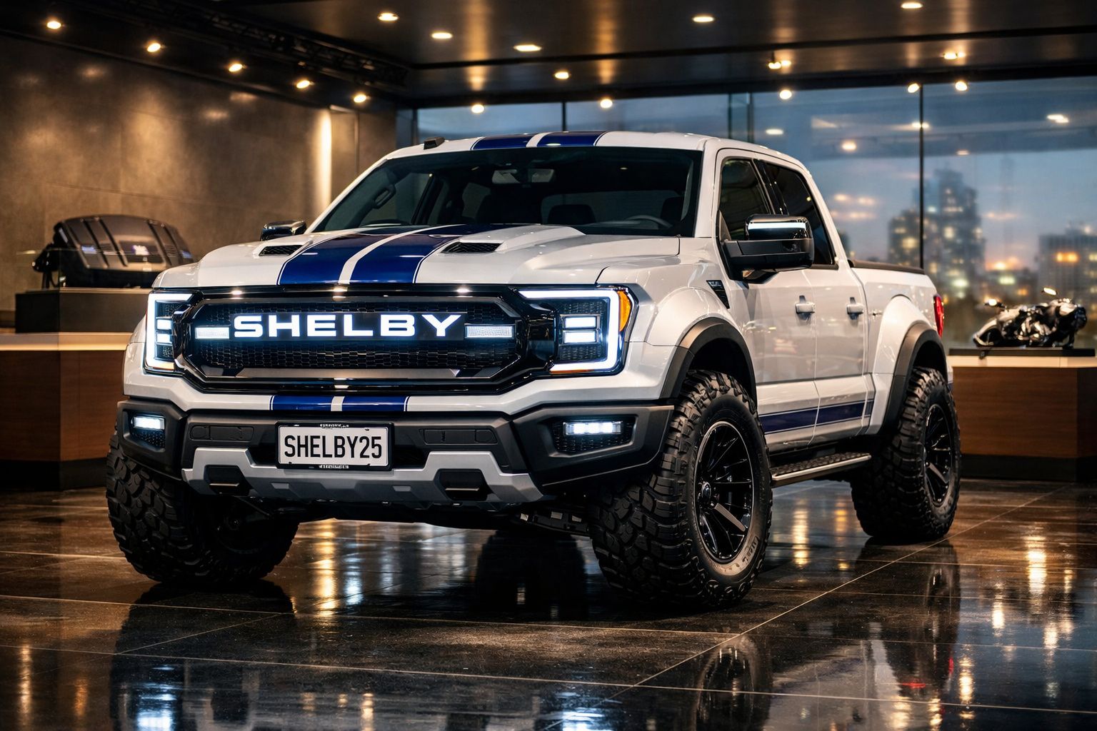 Pick-up branca Shelby com faixas azuis em exibição numa sala com luz ambiente quente.