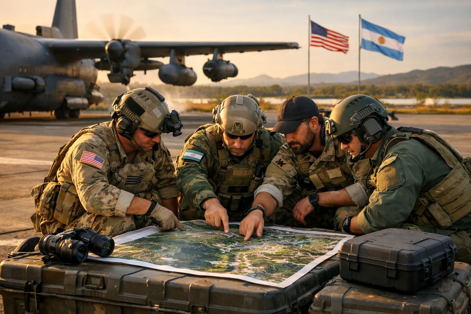 Quatro soldados, com bandeiras dos EUA e Argentina, analisam mapa ao ar livre junto a um avião militar.