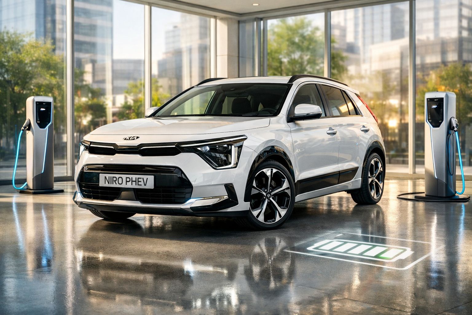 Carro elétrico Kia Niro PHEV branco a carregar em estação com dois postos de carregamento interiores.