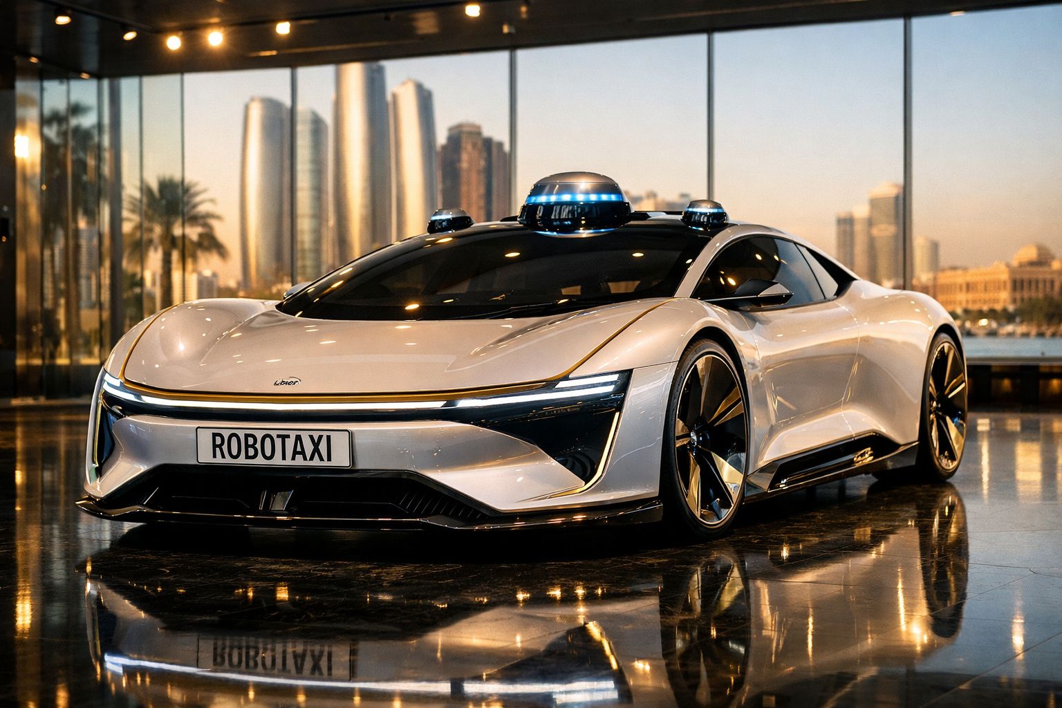 Carro futurista prateado de taxi autónomo estacionado em interior com vidro e arranha-céus ao fundo.