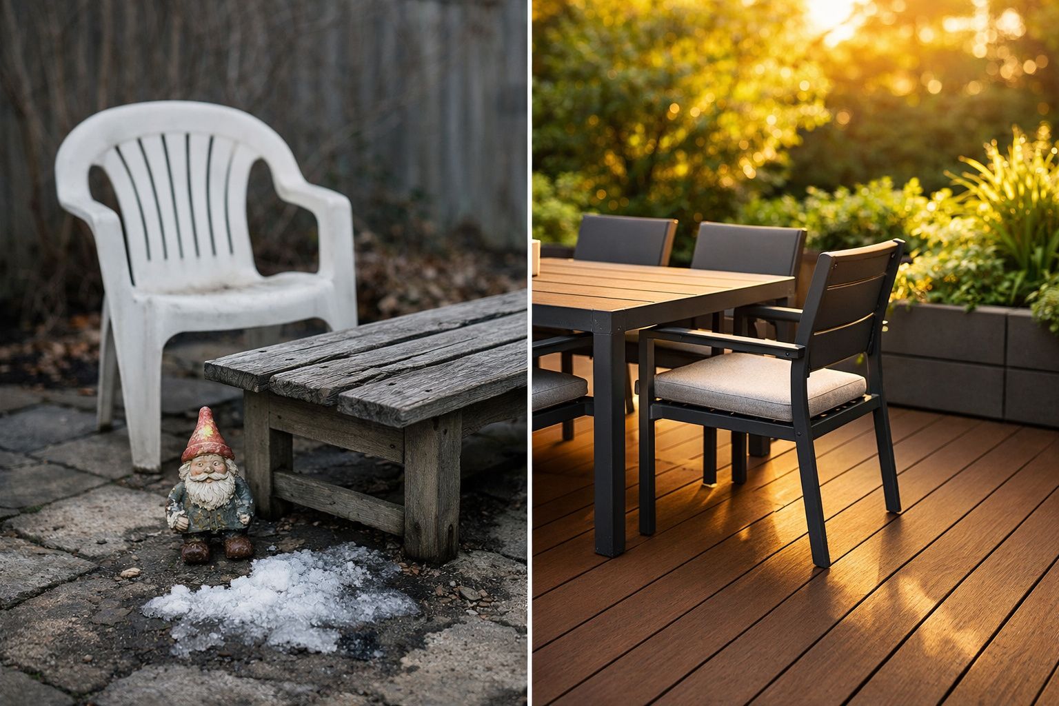 Comparação lado a lado entre um jardim com cadeira plástica e banco rústico e outro com mesa moderna e cadeiras acolchoadas a