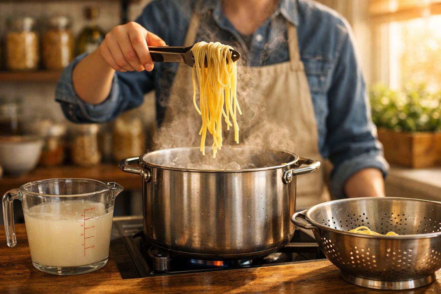 Pessoa a cozer massa numa panela com vapor a subir, máquina de medir com água ao lado e passador com massa.