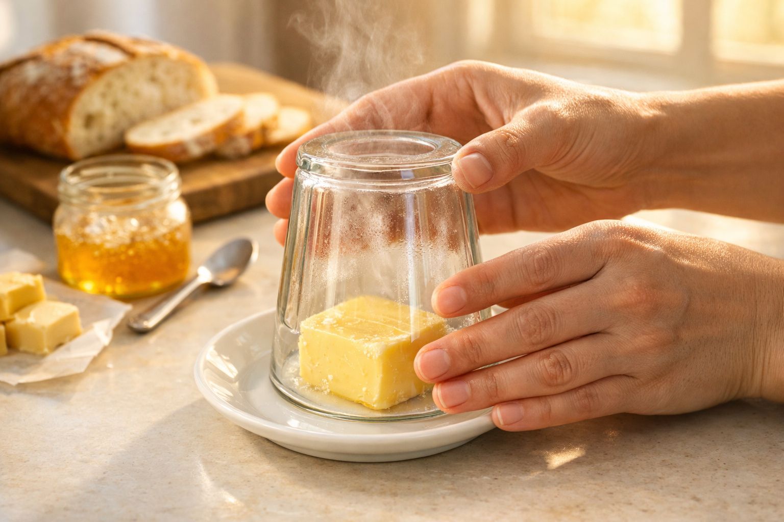 Mãos a derreter um cubo de manteiga com um copo ao vapor, próximo de pão e mel.