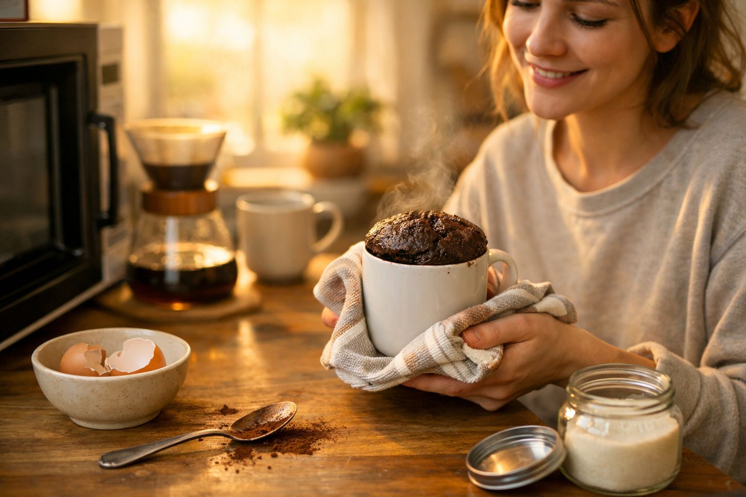 Mulher sorridente segura caneca com bolo de chocolate acabado de fazer numa cozinha acolhedora.