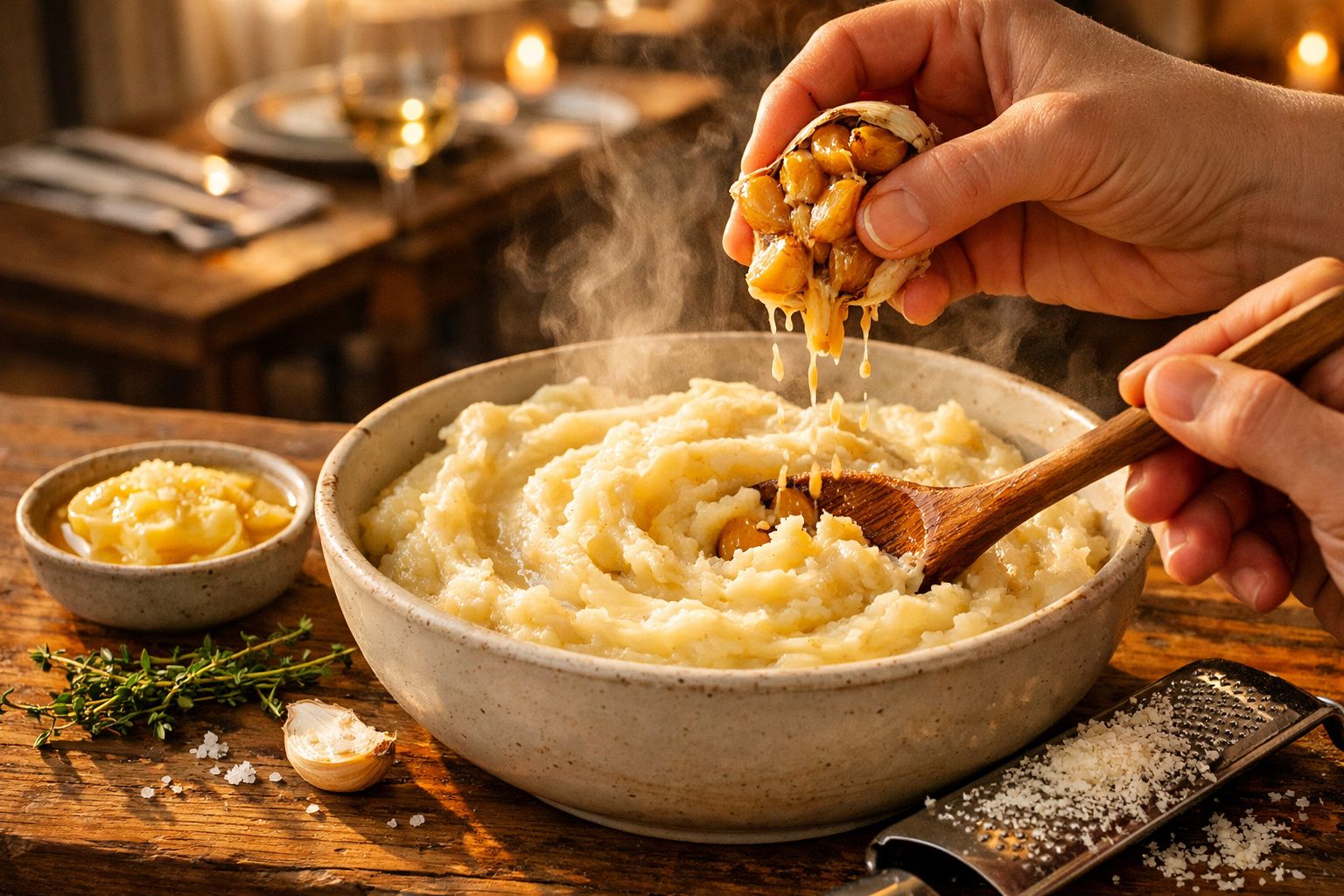 Purê de batata num prato, com alho assado a ser espremido por cima, numa mesa de madeira rústica.