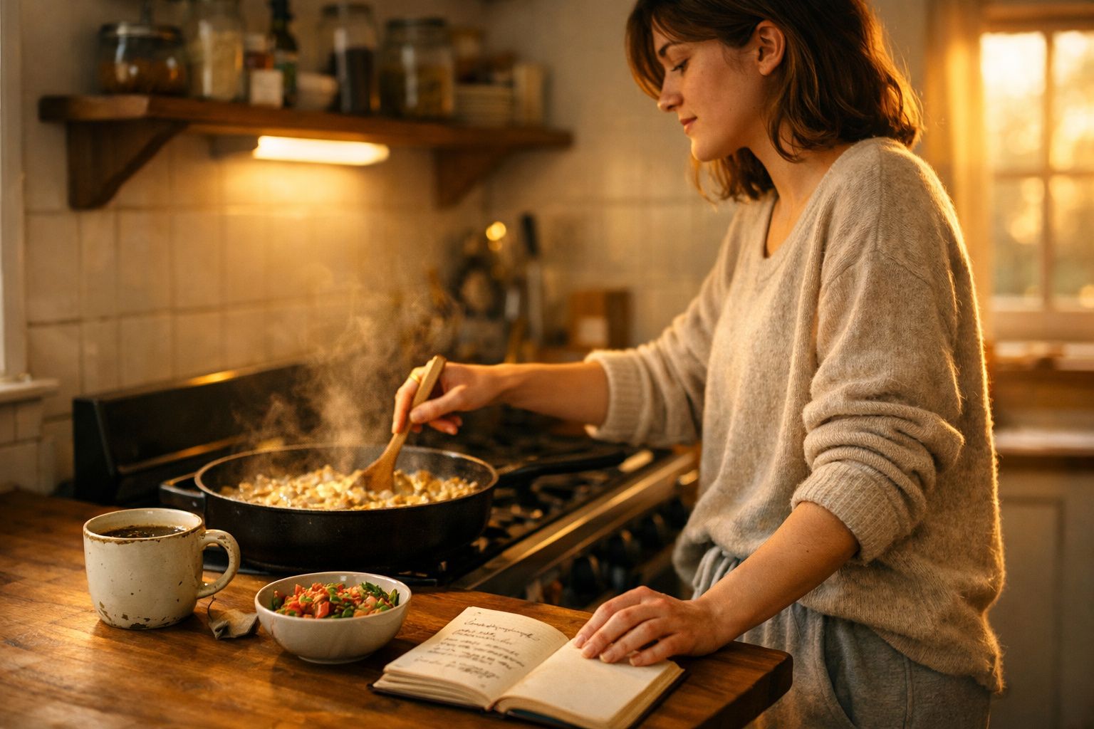 Mulher a cozinhar no fogão, mexendo uma frigideira com comida, numa cozinha acolhedora ao entardecer.