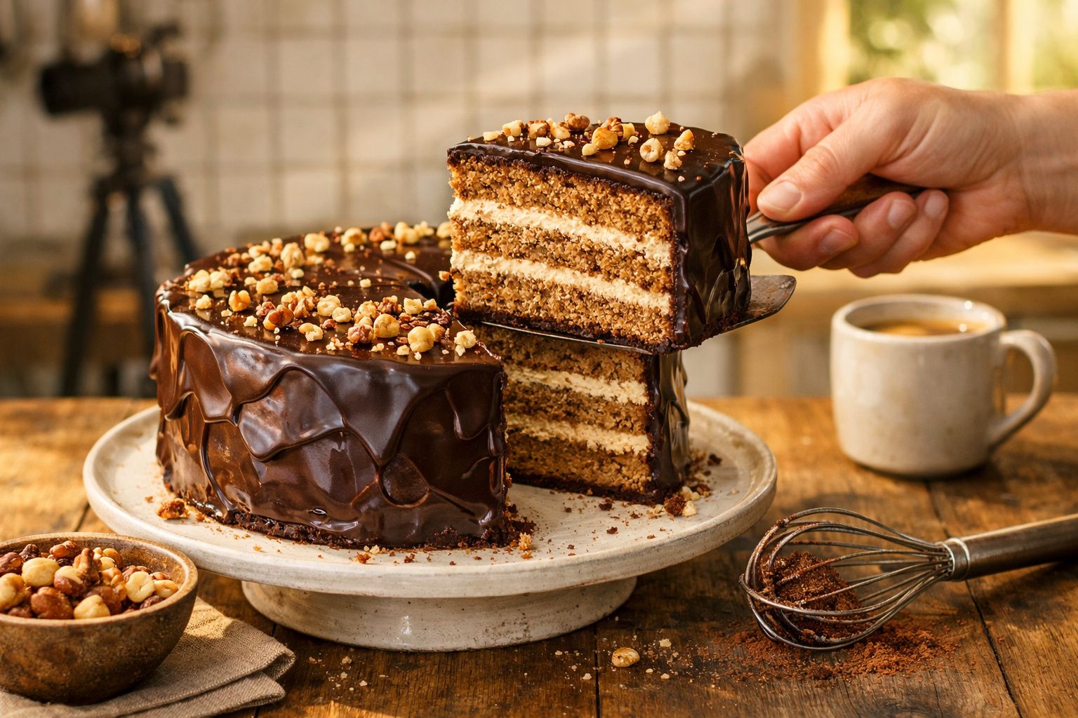 Bolo de chocolate com camadas de creme e cobertura de ganache com avelãs, servido numa base branca.