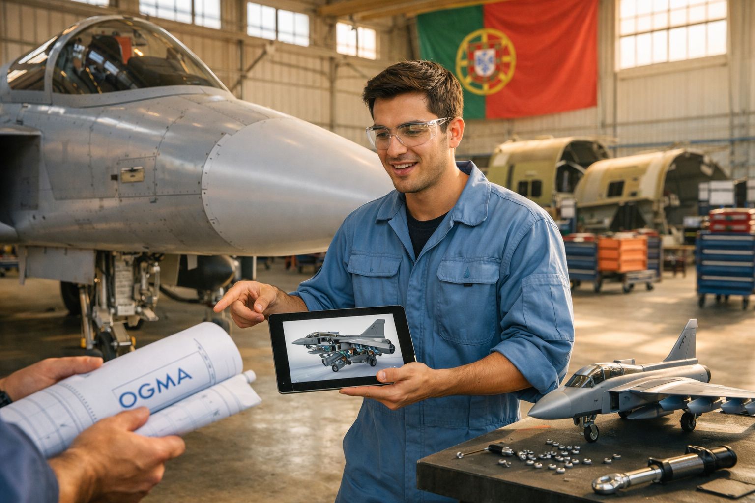 Técnico em oficina aeronáutica a explicar projeto de avião militar com tablet e planta da OGMA.
