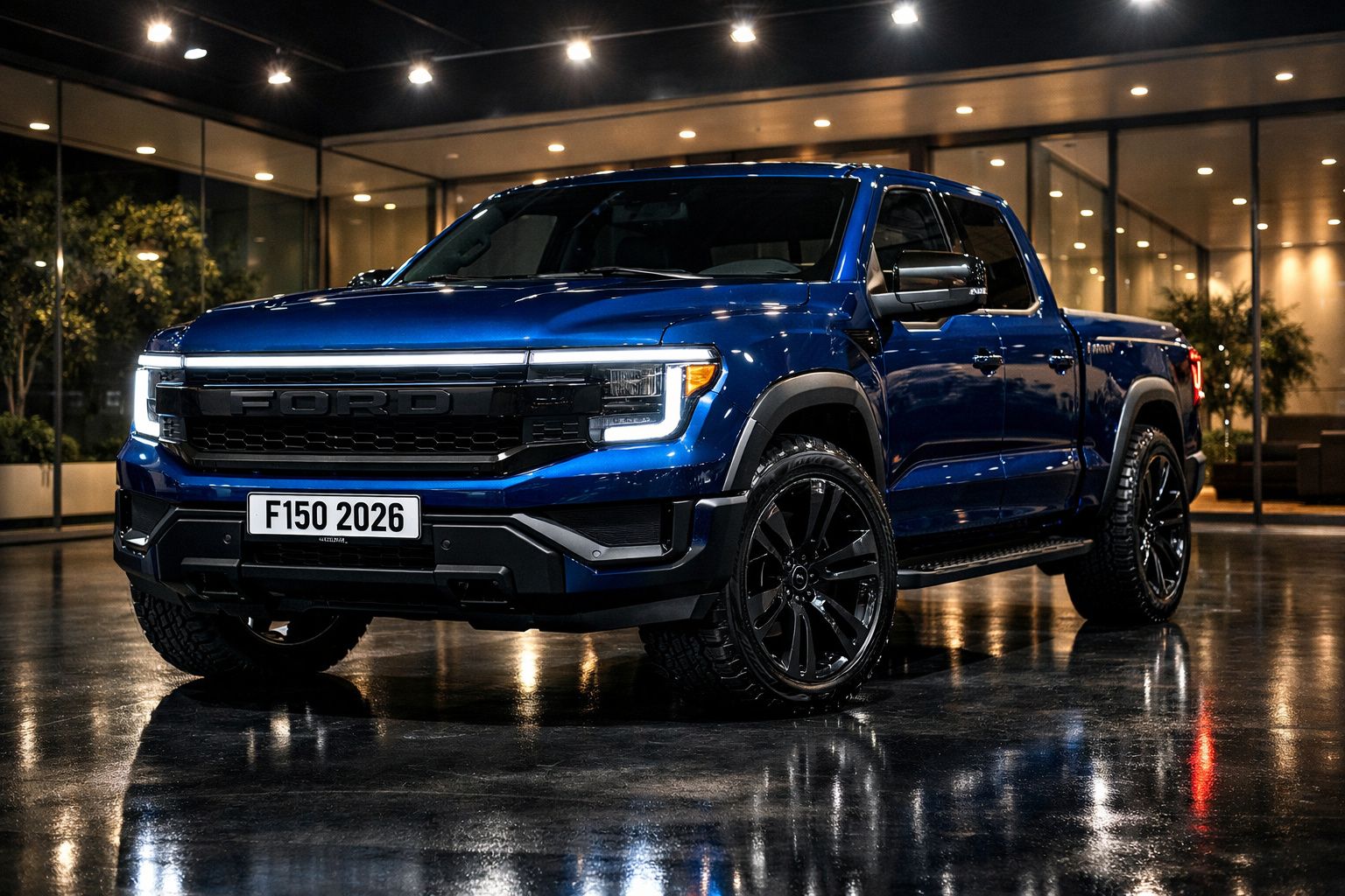 Picape Ford F150 2026 azul escuro com luzes LED acesas, estacionada em piso brilhante e ambiente moderno.