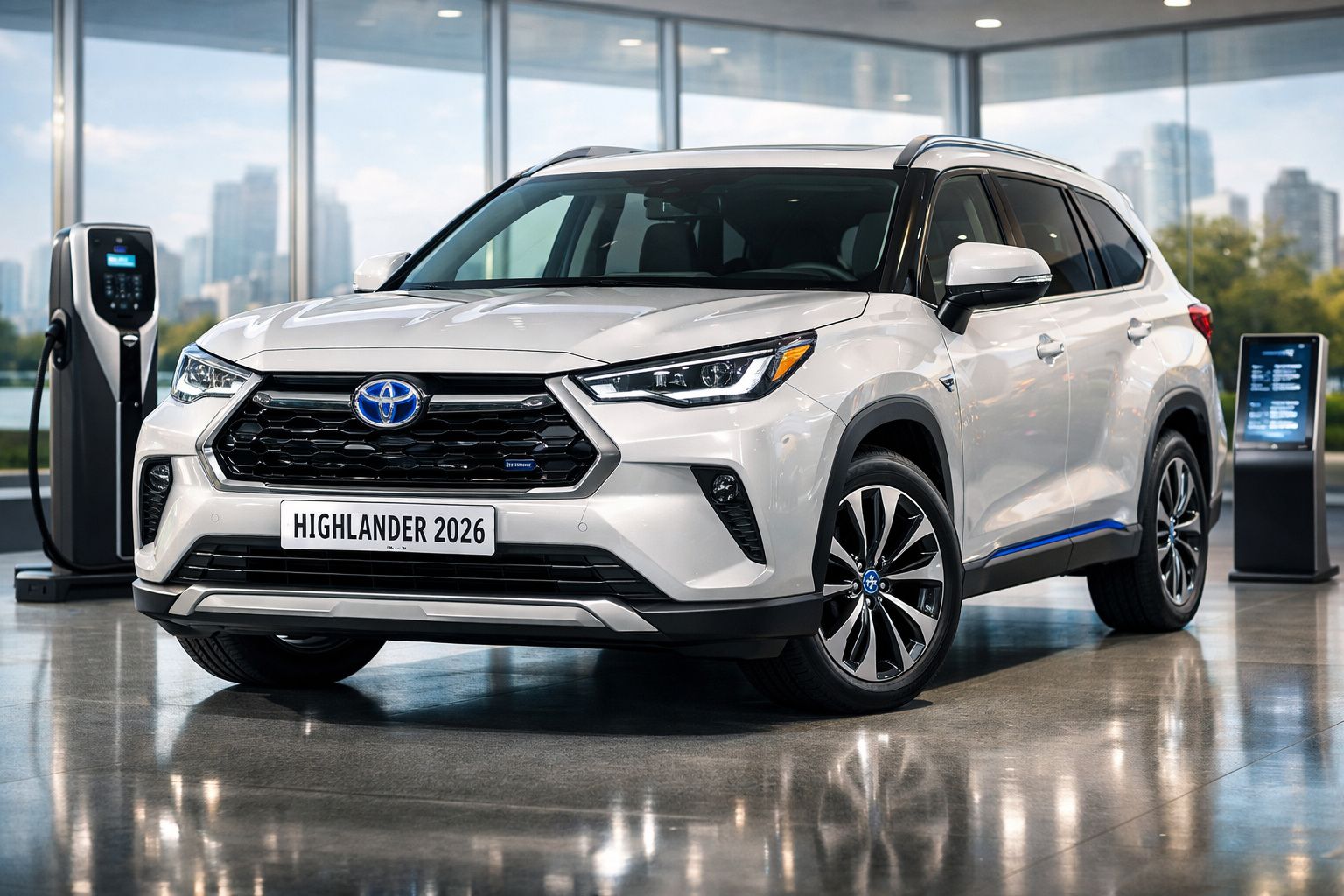 Carro Toyota Highlander 2026 branco, SUV elétrico, estacionado em showroom moderno com carregador elétrico.
