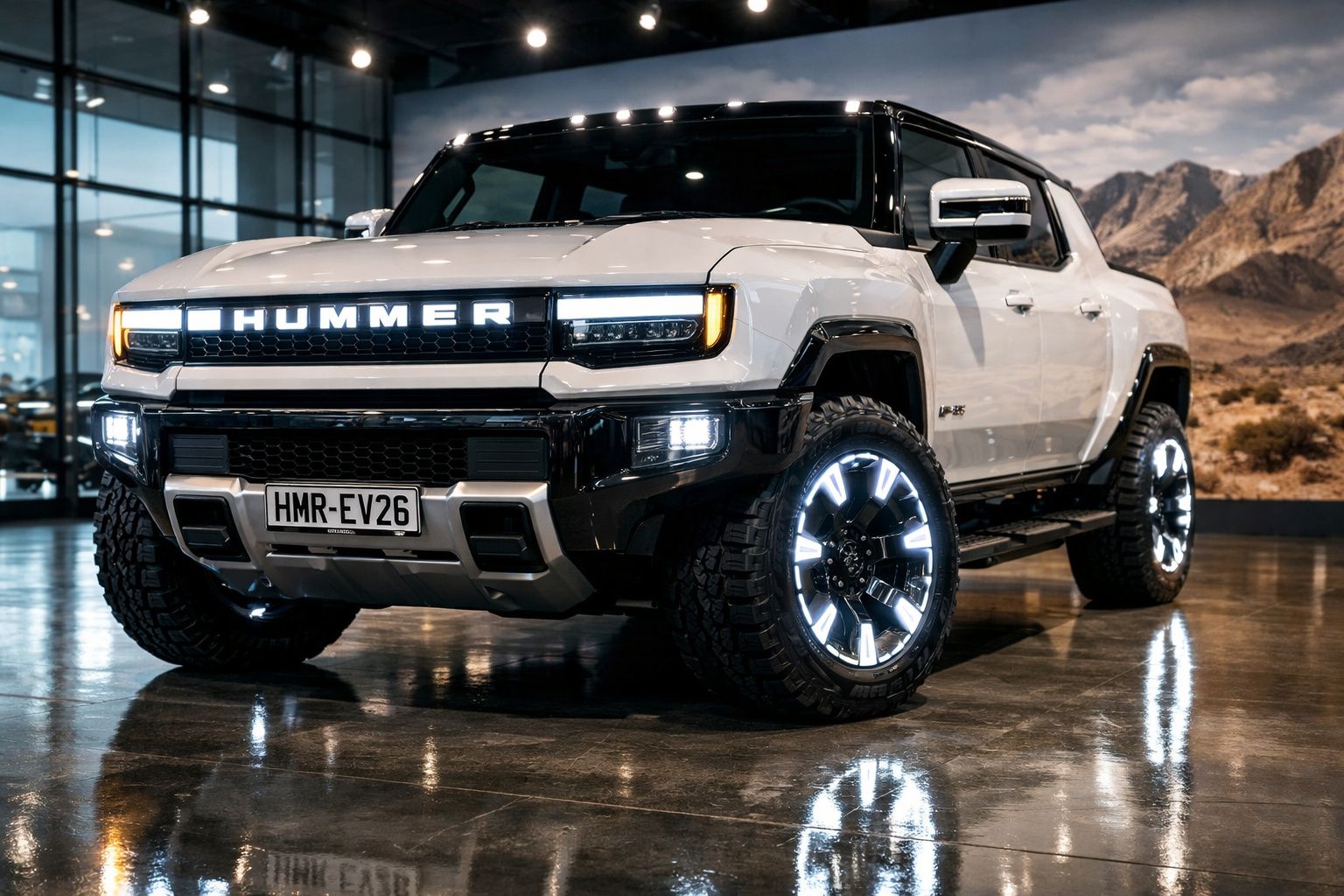 Vista frontal de um Hummer branco eléctrico com luzes LED acesas, parqueado no interior com montanhas ao fundo.