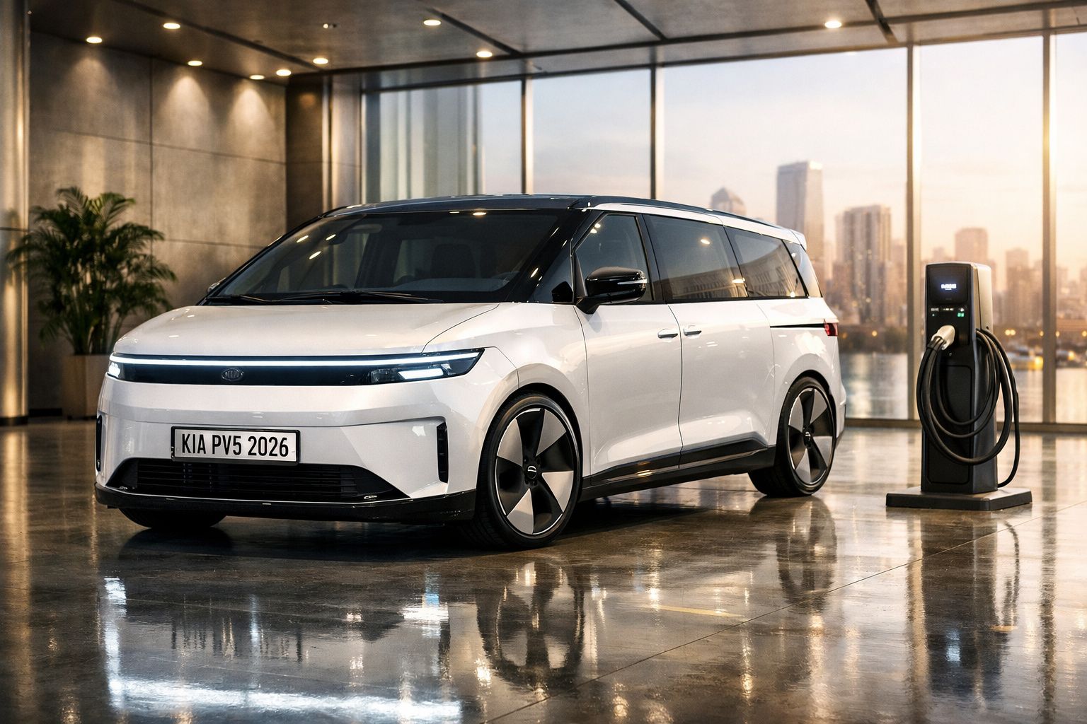 Carro elétrico branco Kia PV5 2026 estacionado junto a carregador em ambiente urbano interior moderno.