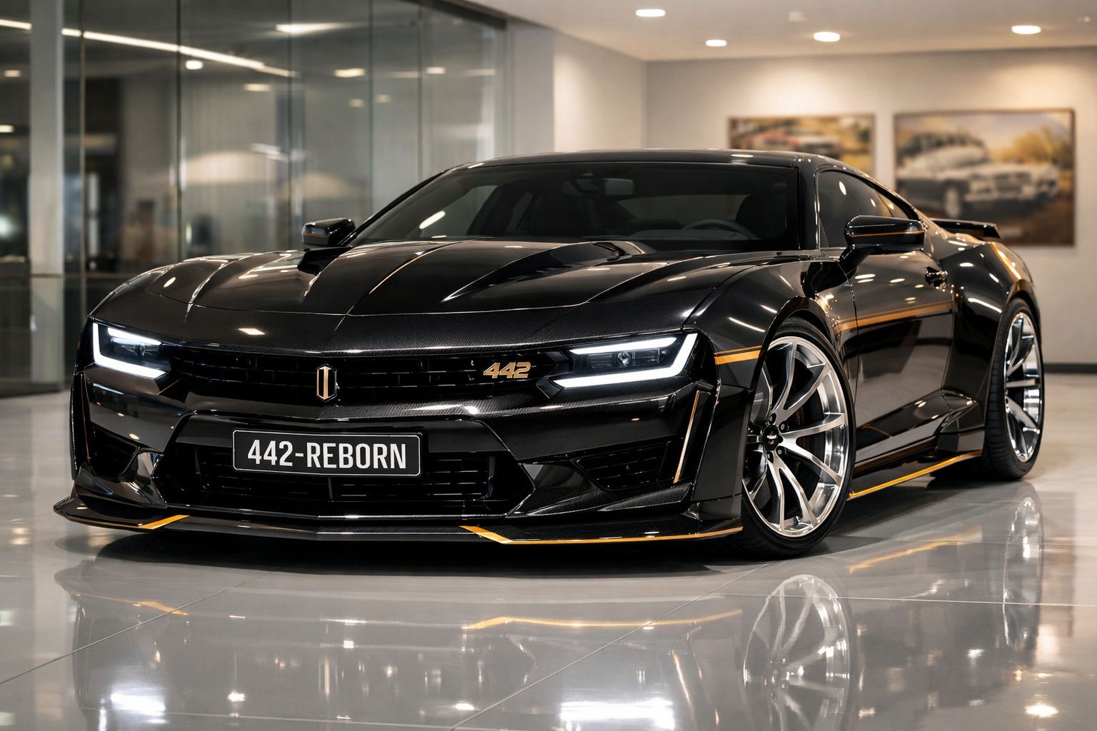 Carro desportivo preto com luzes LED acesas e rótulo "442-REBORN" em ambiente interior moderno.