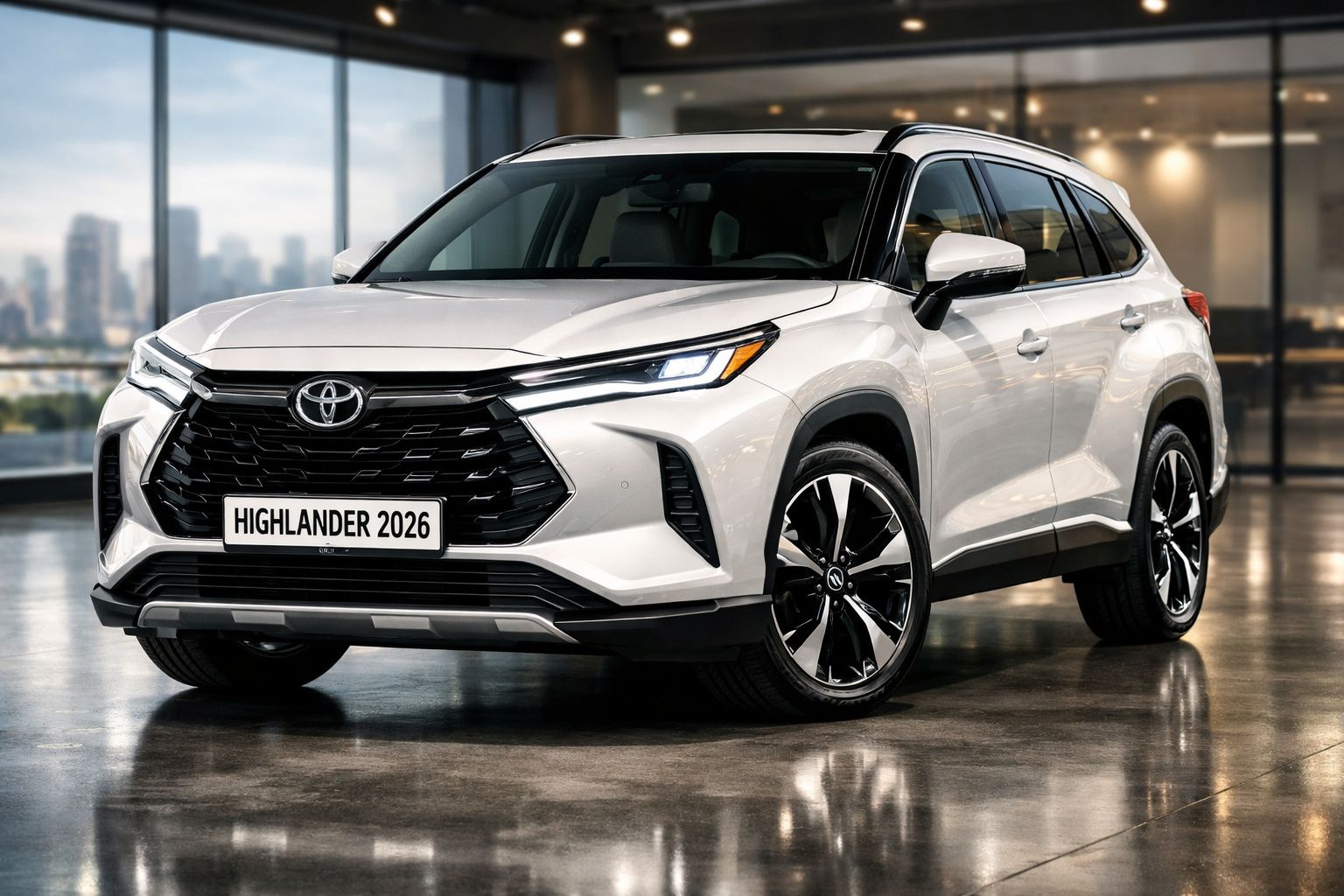 Carro branco Toyota Highlander 2026 estacionado em interior com janelas grandes e cidade ao fundo.
