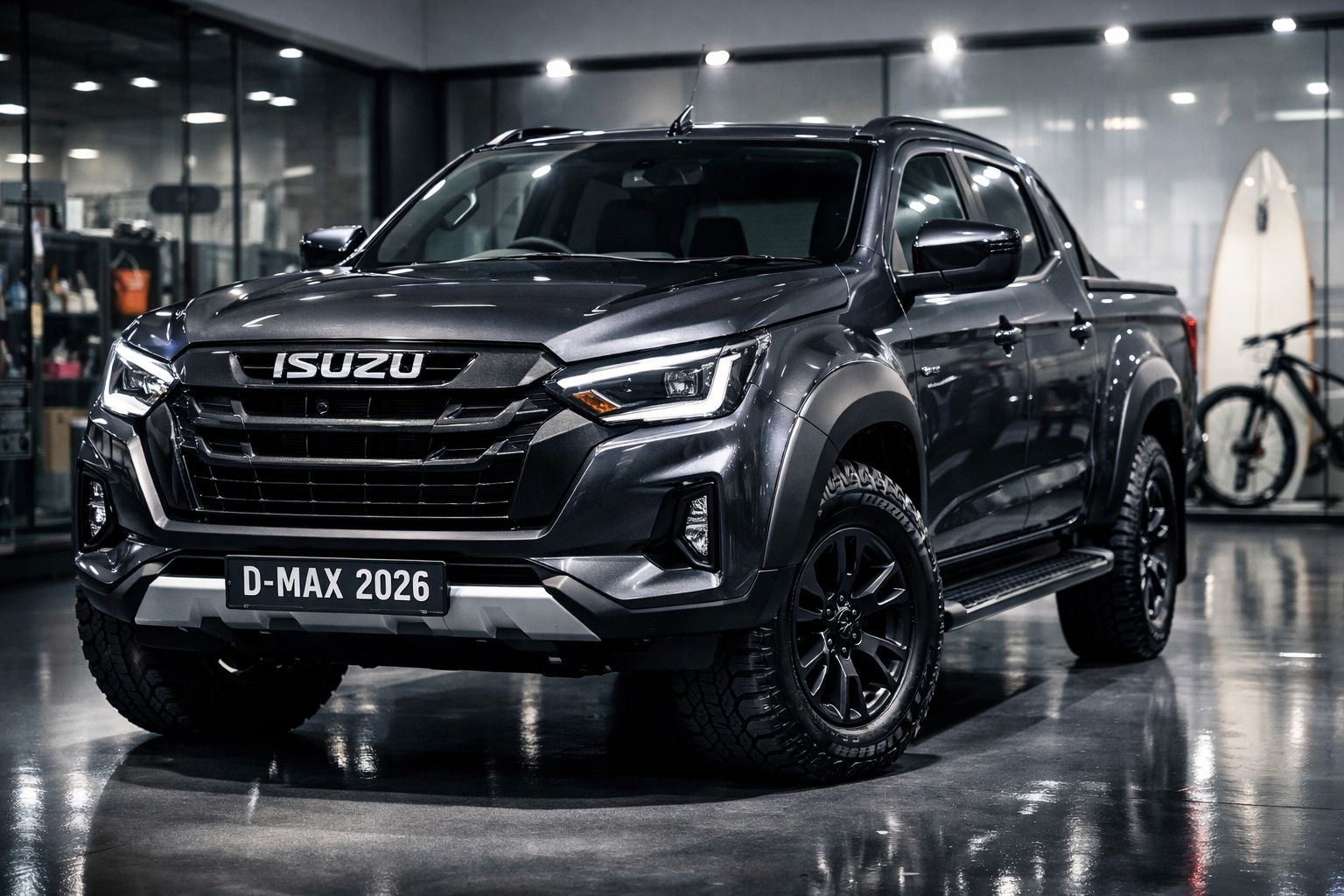 Pick-up Isuzu D-Max 2026 preta estacionada num interior moderno com bicicleta e prancha de surf ao fundo.