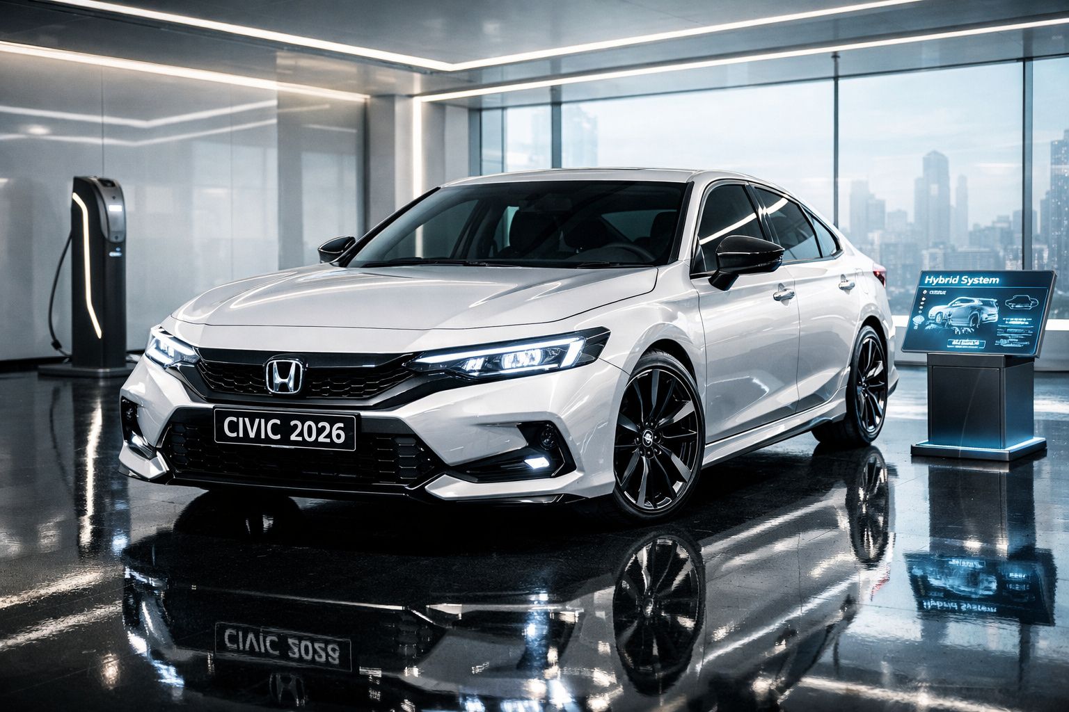 Carro Honda Civic 2026 branco em showroom moderno com placa frontal e informação sobre sistema híbrido.