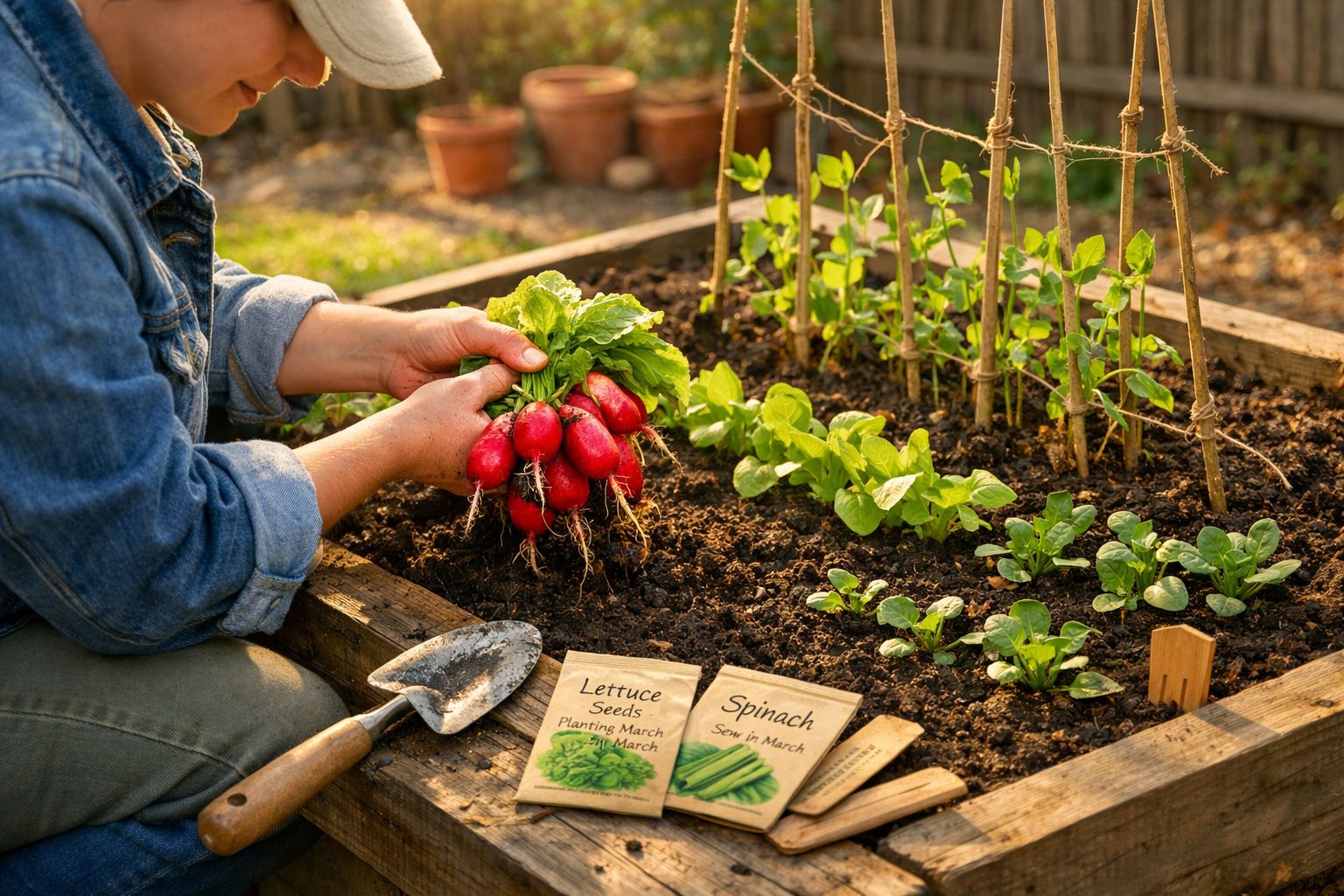 Pessoa a colher rabanetes num canteiro de hortícolas com pacotes de sementes de alface e espinafre.