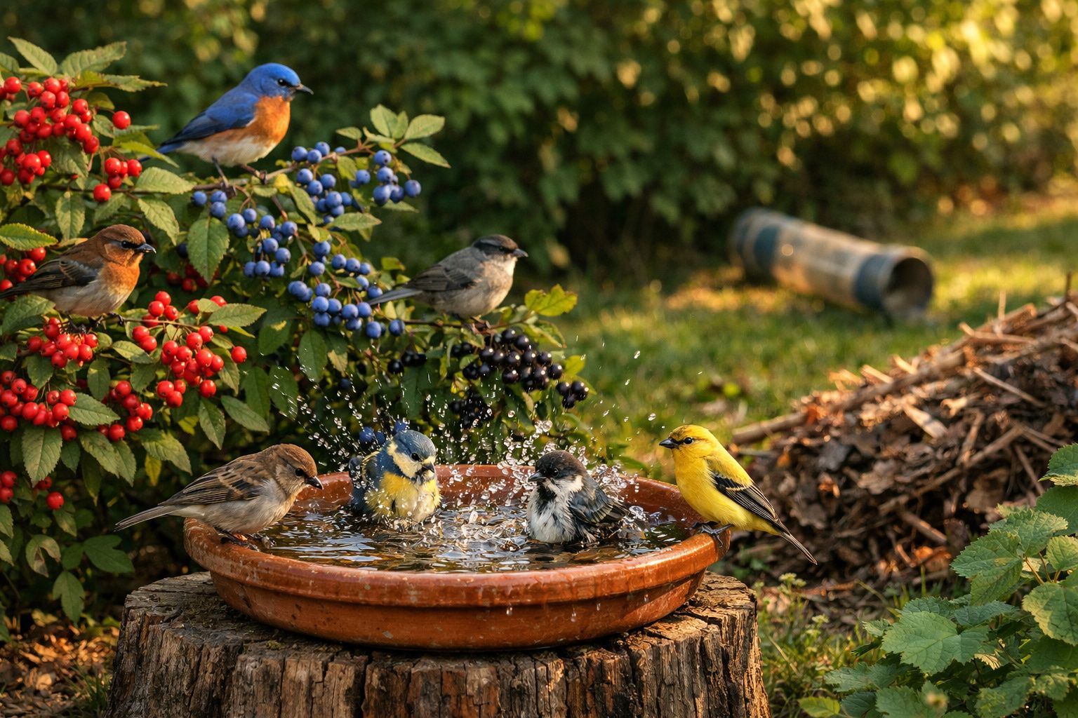 Vários pássaros coloridos a beber e tomar banho numa tigela de barro num tronco no jardim.