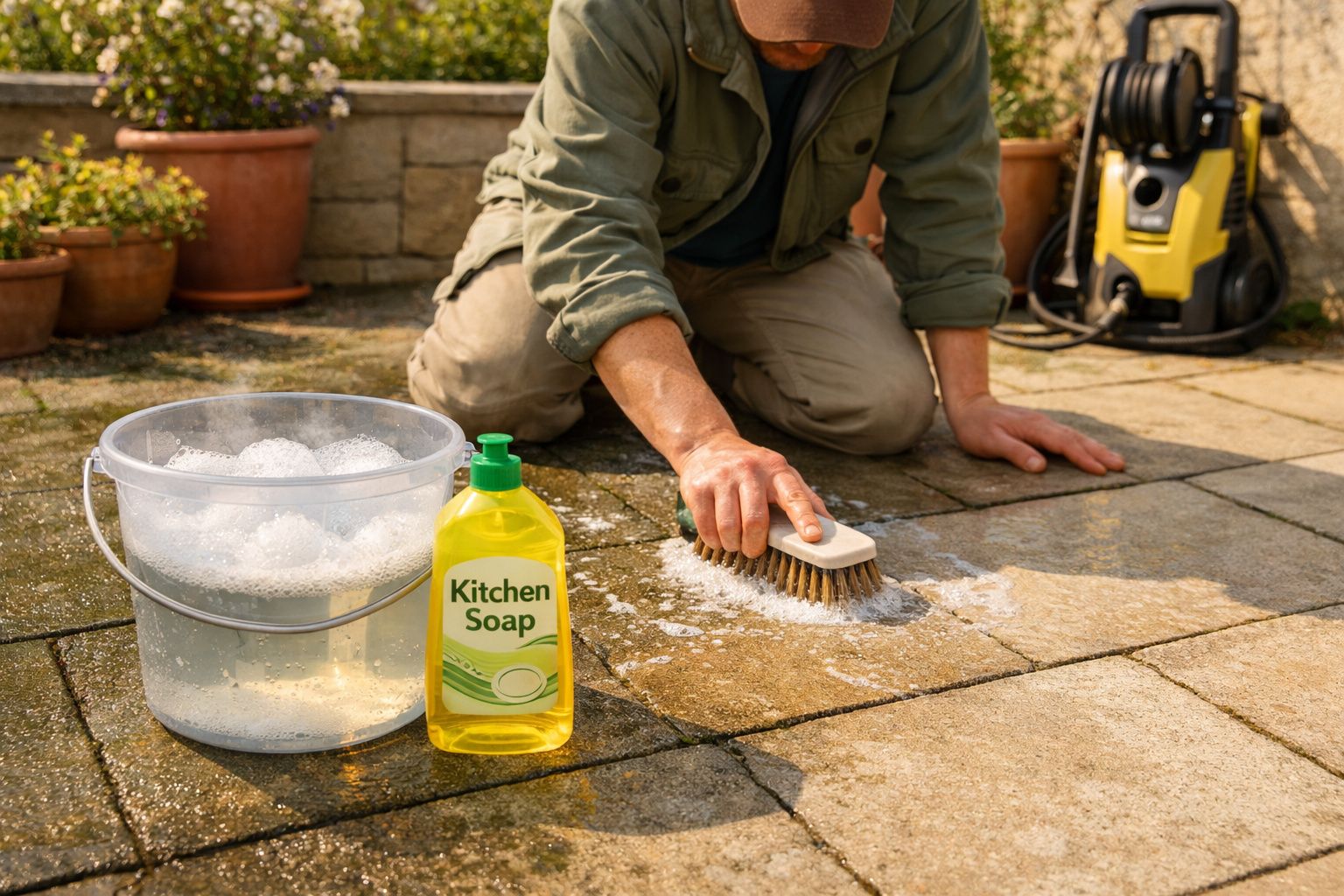 Pessoa a limpar chão exterior de tijoleira com escova, balde de água e detergente amarelo de cozinha.