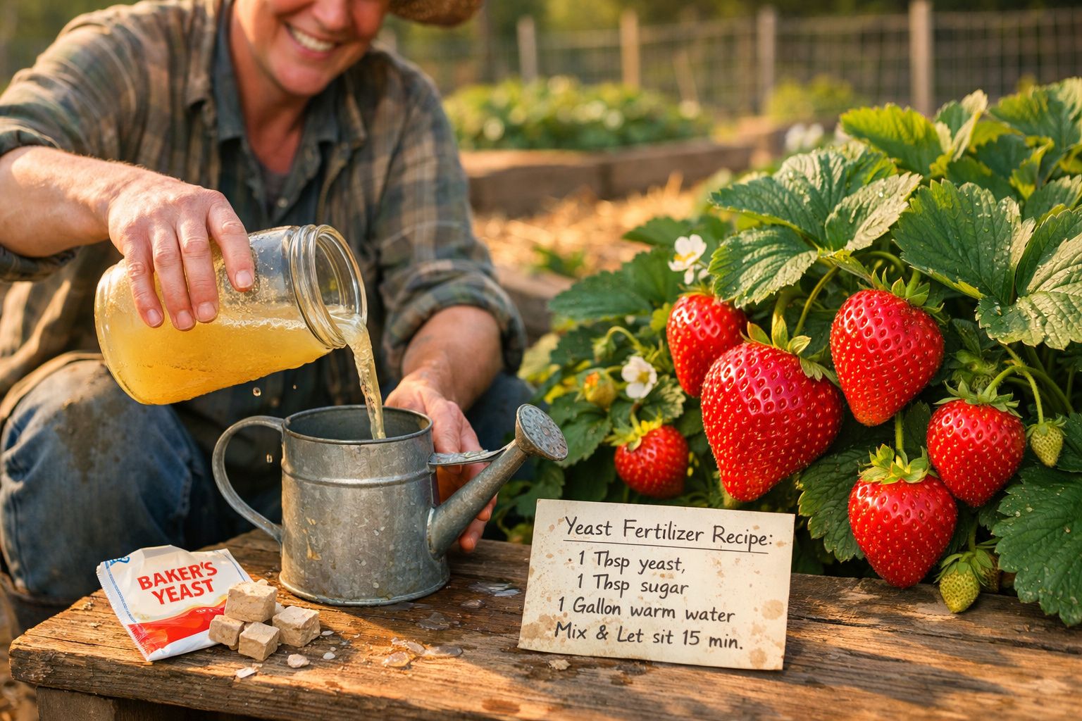 Pessoa a verter fertilizante caseiro em regador próximo a morangos maduros numa horta.