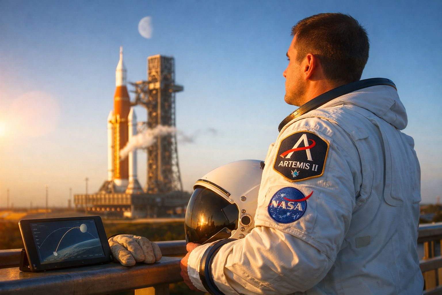 Astronauta com fato da NASA observa foguetão Artemis II prestes a ser lançado ao pôr do sol.